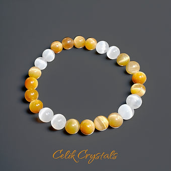 Tiger Eye and Selenite Bracelet 8mm Natural Stones Stretches 