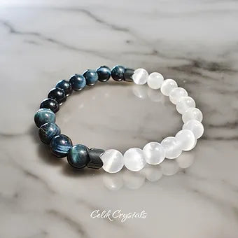 Blue Tiger Eye and Selenite Bracelet 8mm Natural Stones 