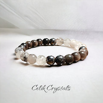 Tourmaline Quartz and Obsidian Stretch Crystal Bracelet 