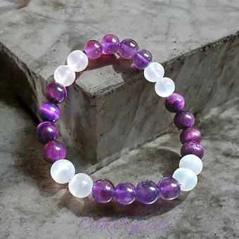 Amethyst Purple Tiger Eye and Selenite Bracelet 
