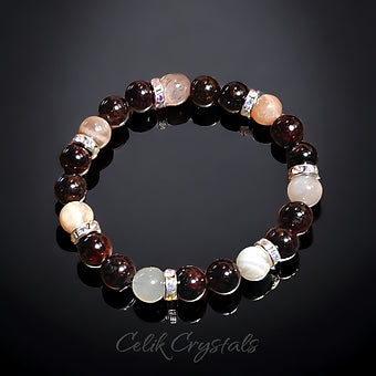 Red Garnet and Moonstone Bracelet Natural Stones 8mm Stretches 