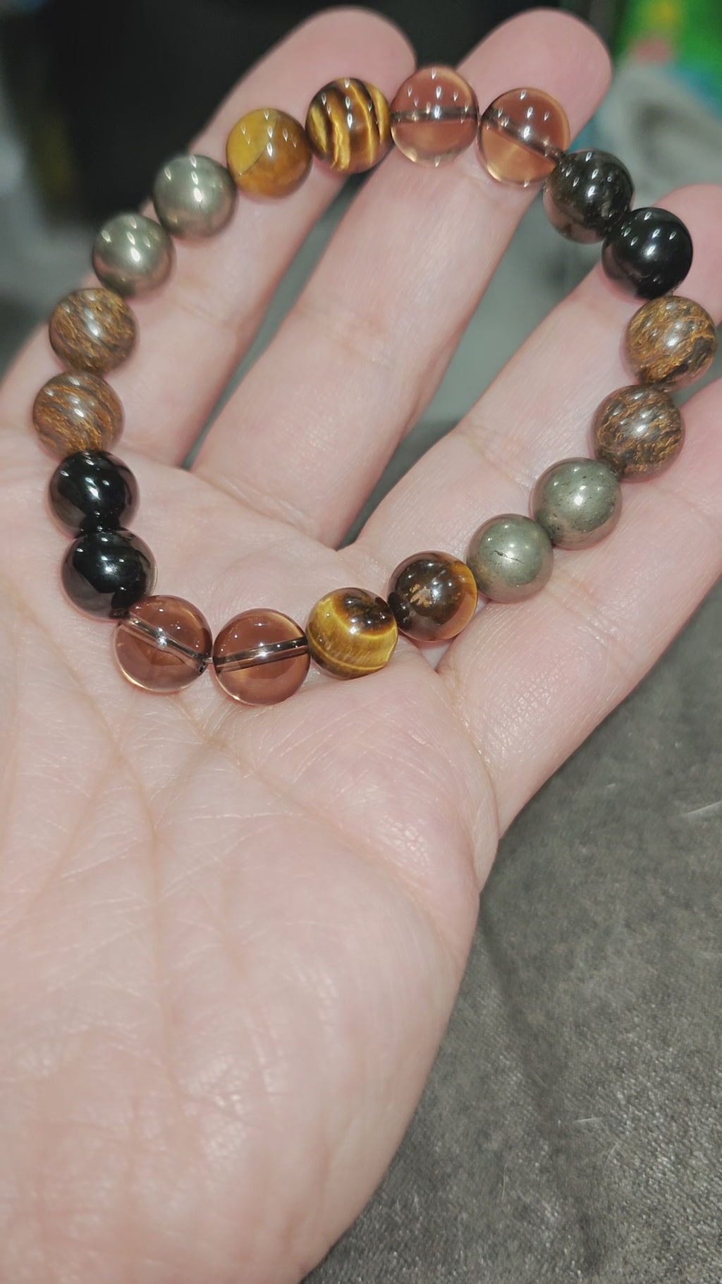 Protection Bracelet with Pyrite, Tiger Eye, Bronzite, Gold Obsidian and Smoky Quartz 10mm Natural Stones Stretch 
