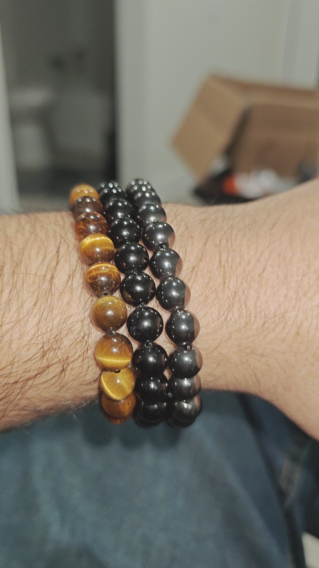 3 Piece Protection Bracelet Set With AAA Tiger Eye, Hematite and Black Tourmaline 