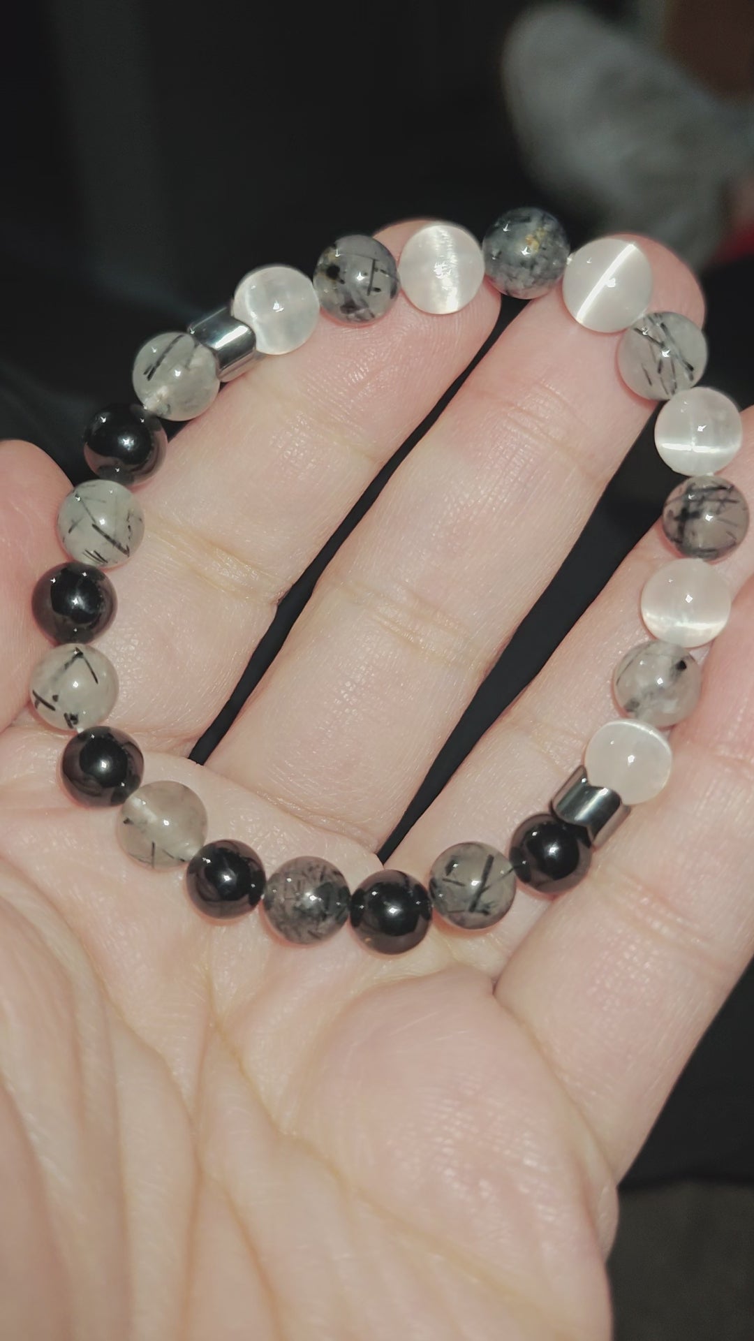 Black Tourmaline Quartz and Selenite Stretch Crystal Bead Bracelet 8mm Unisex 