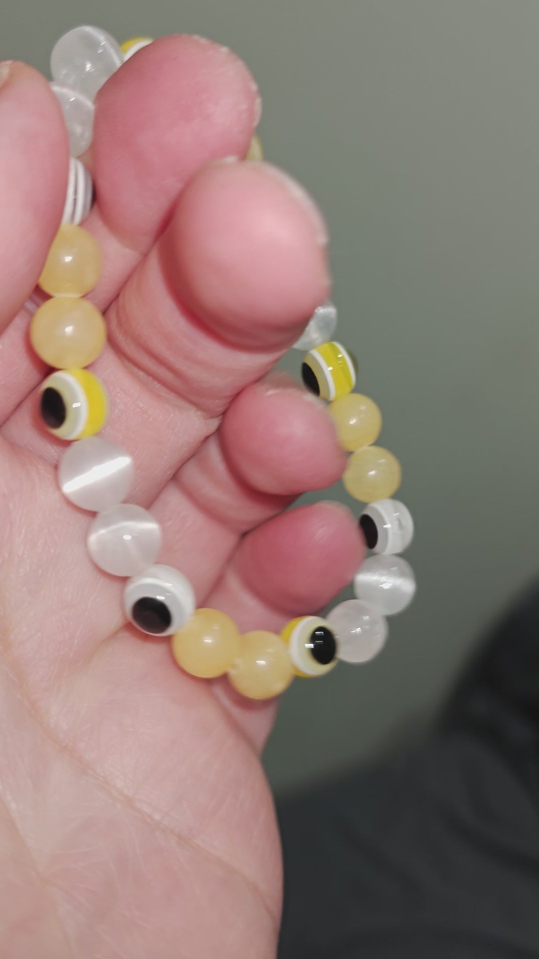 Yellow and White Evil Eye Bracelet with Honey Calcite and Selenite 8mm beads natural stones 