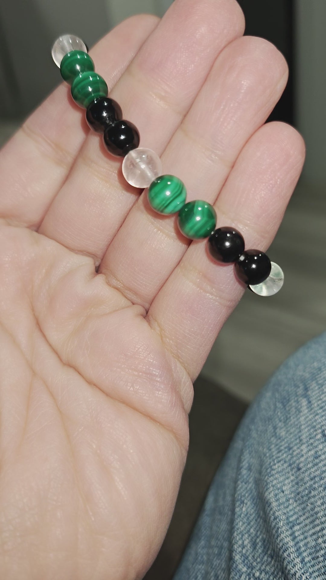 Malachite Bracelet with Black tourmaline and Quartz crystals stretches unisex design 