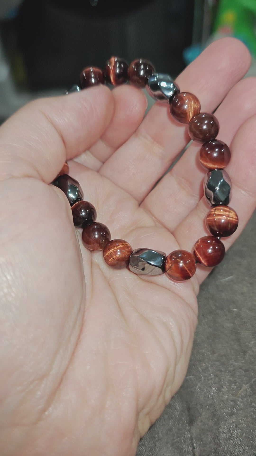 Red Tiger Eye Bracelet with Hematite Natural Stones 10mm Unisex Stretch Bead Bracelet 