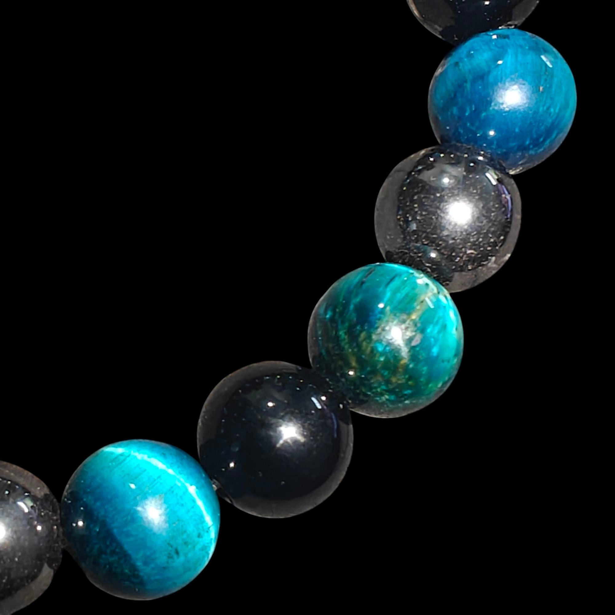 Triple Protection Bracelet 10mm Beads with Lake Blue Tiger Eye, Hematite and Obsidian Stretches 