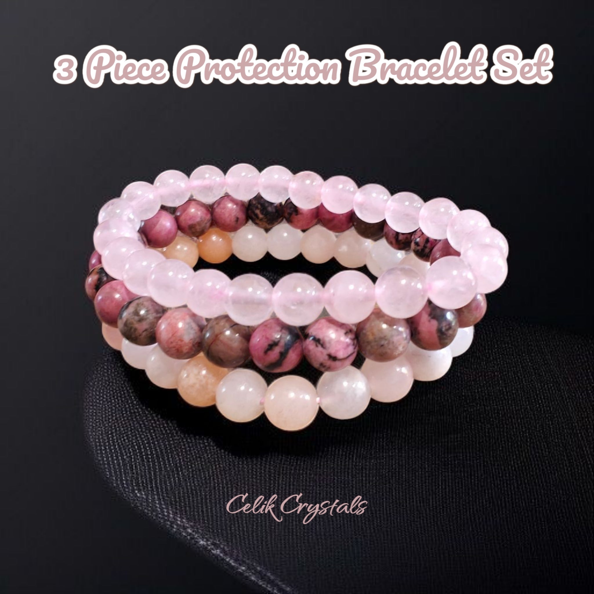 3 Piece Protection Bracelet Set for Love includes Rose Quartz, Rhodonite and Peach Aventurine 