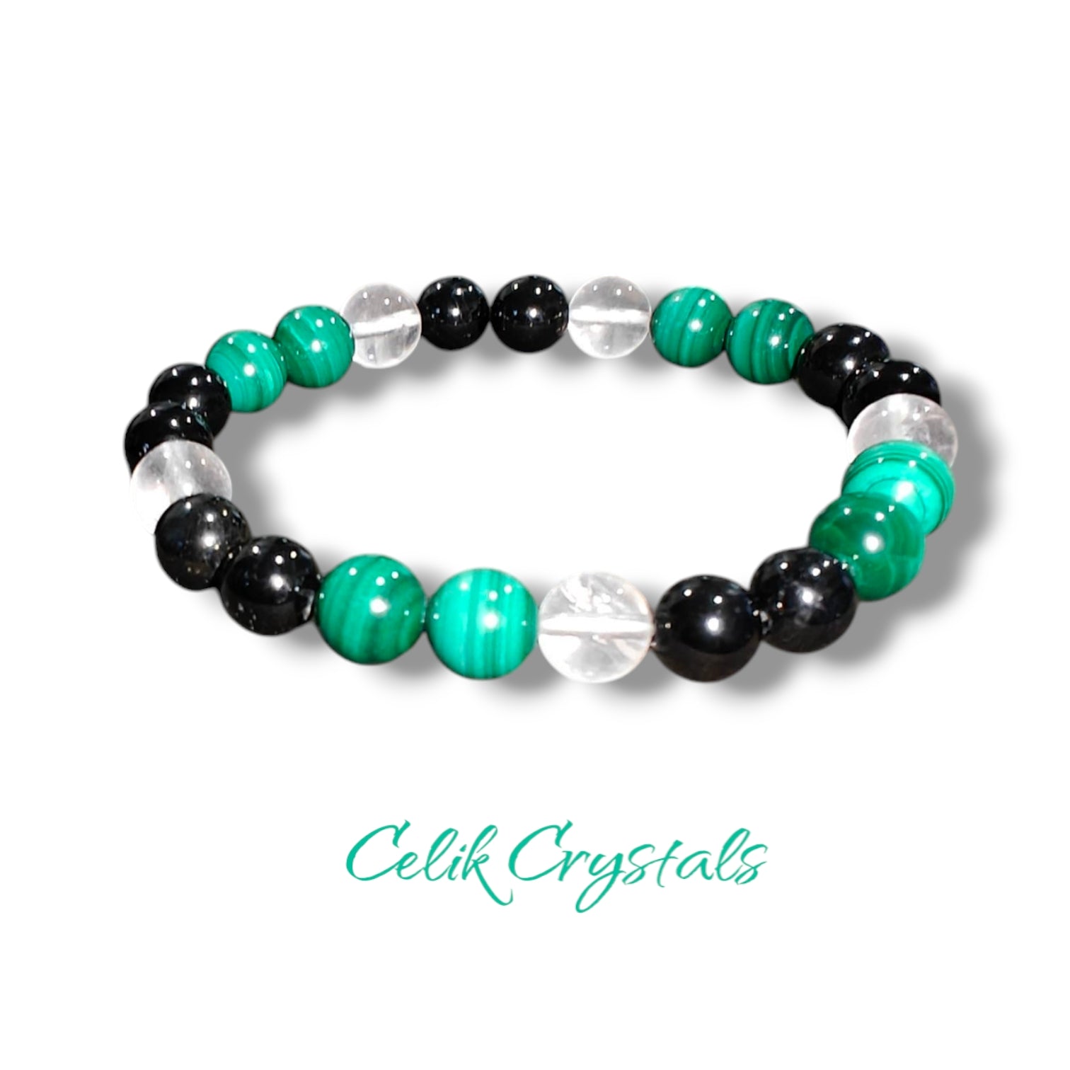 Malachite Bracelet with Black tourmaline and Quartz crystals stretches unisex design 