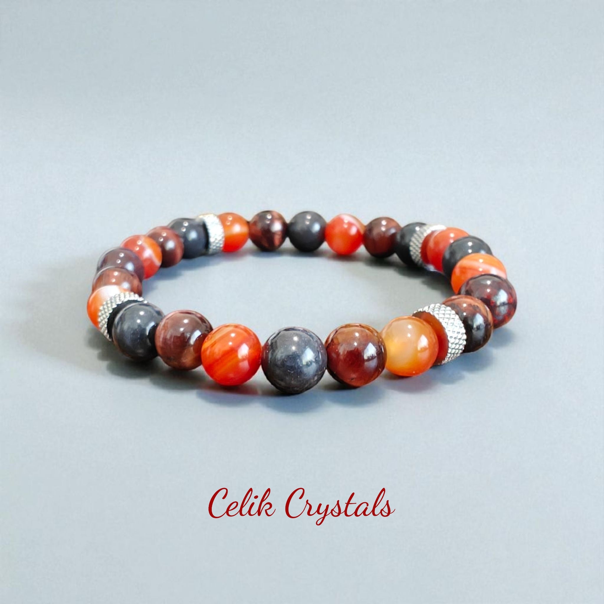 Bloodstone Jasper Bracelet with Carnelian, Red Tiger Eye and Stainless Steel Spacers 