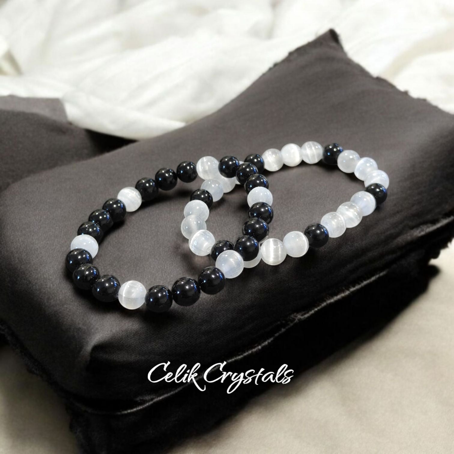 Selenite and Black Tourmaline Bracelet Set 2 Pieces Natural Stones Unisex design Stretches 8mm beads 