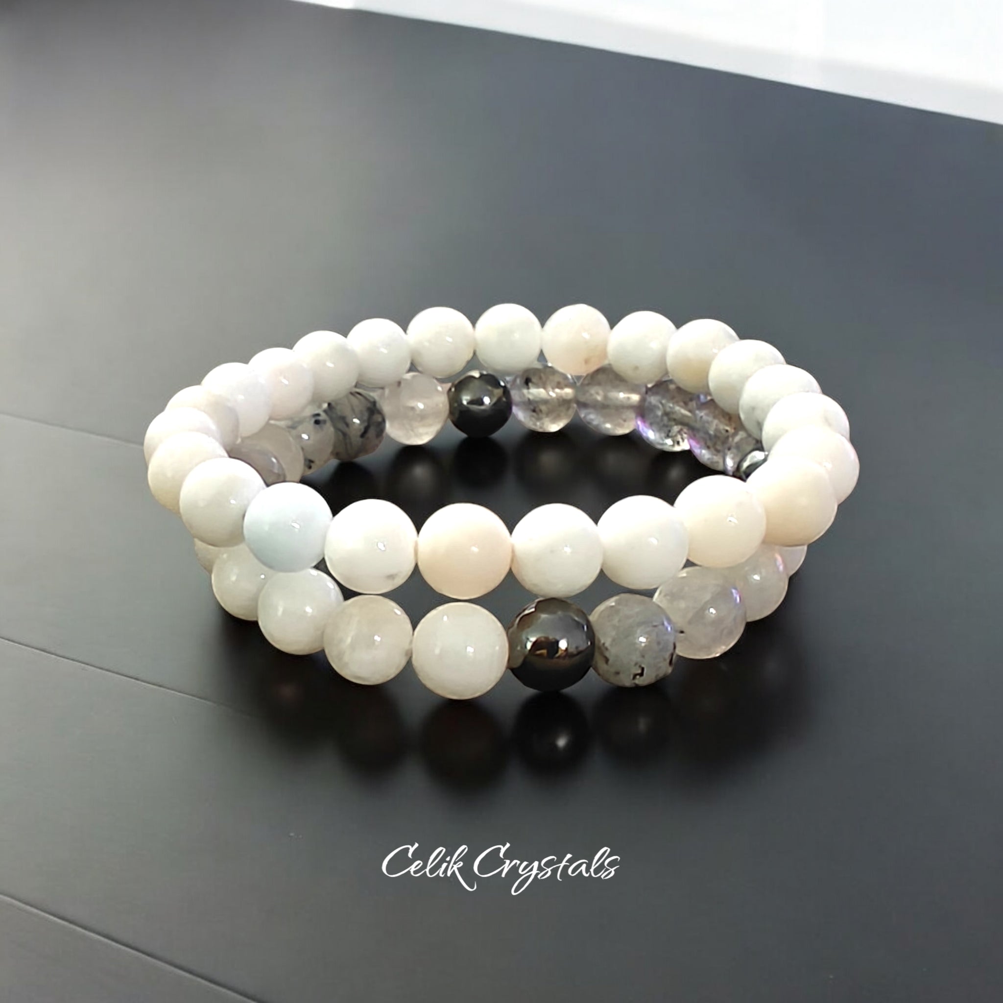 White Opal Crystal Bracelet Stack 8mm Natural Stones Stretches 