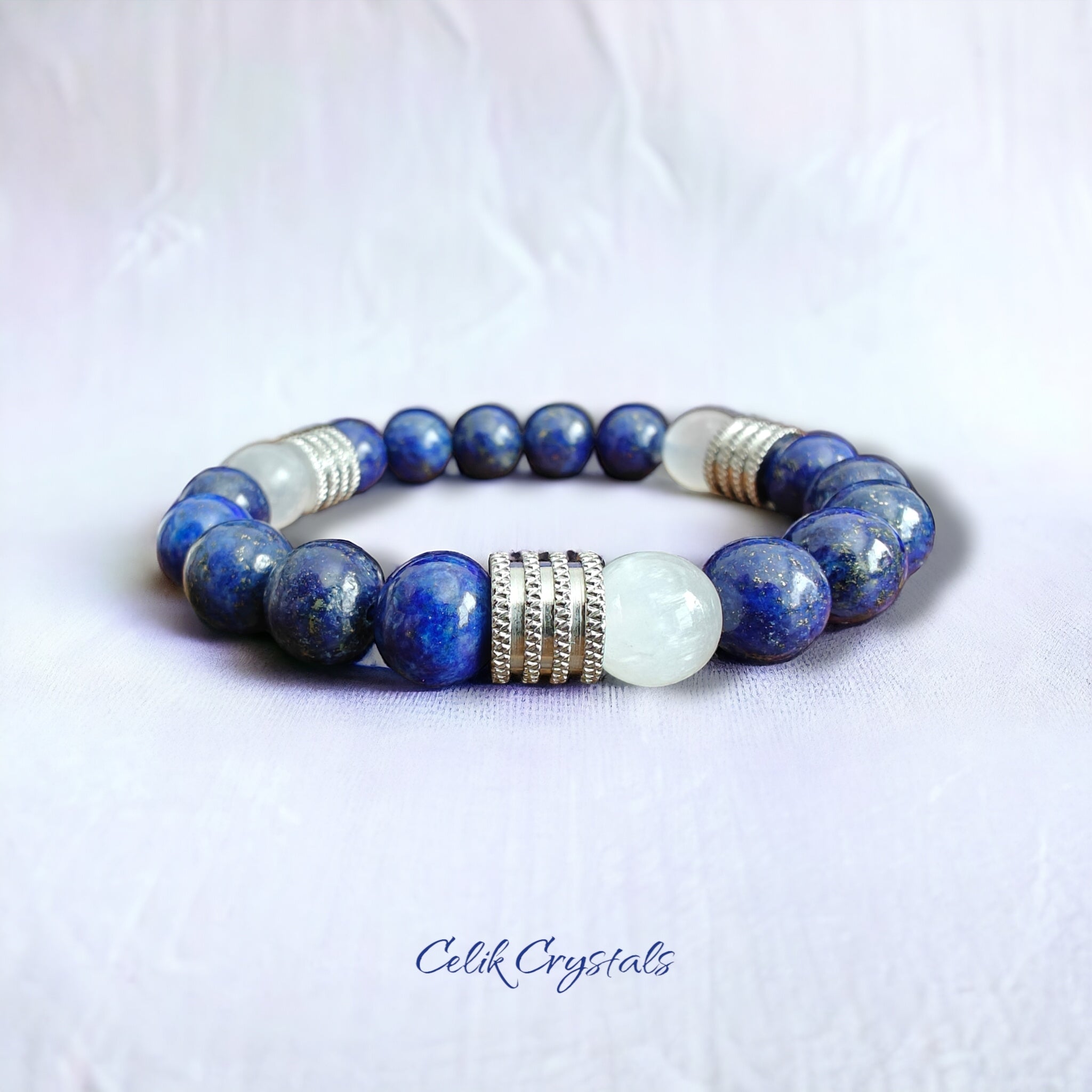 Lapis Lazuli and Selenite Bracelet 10mm Natural Stones Stretch Crystal Bracelet 