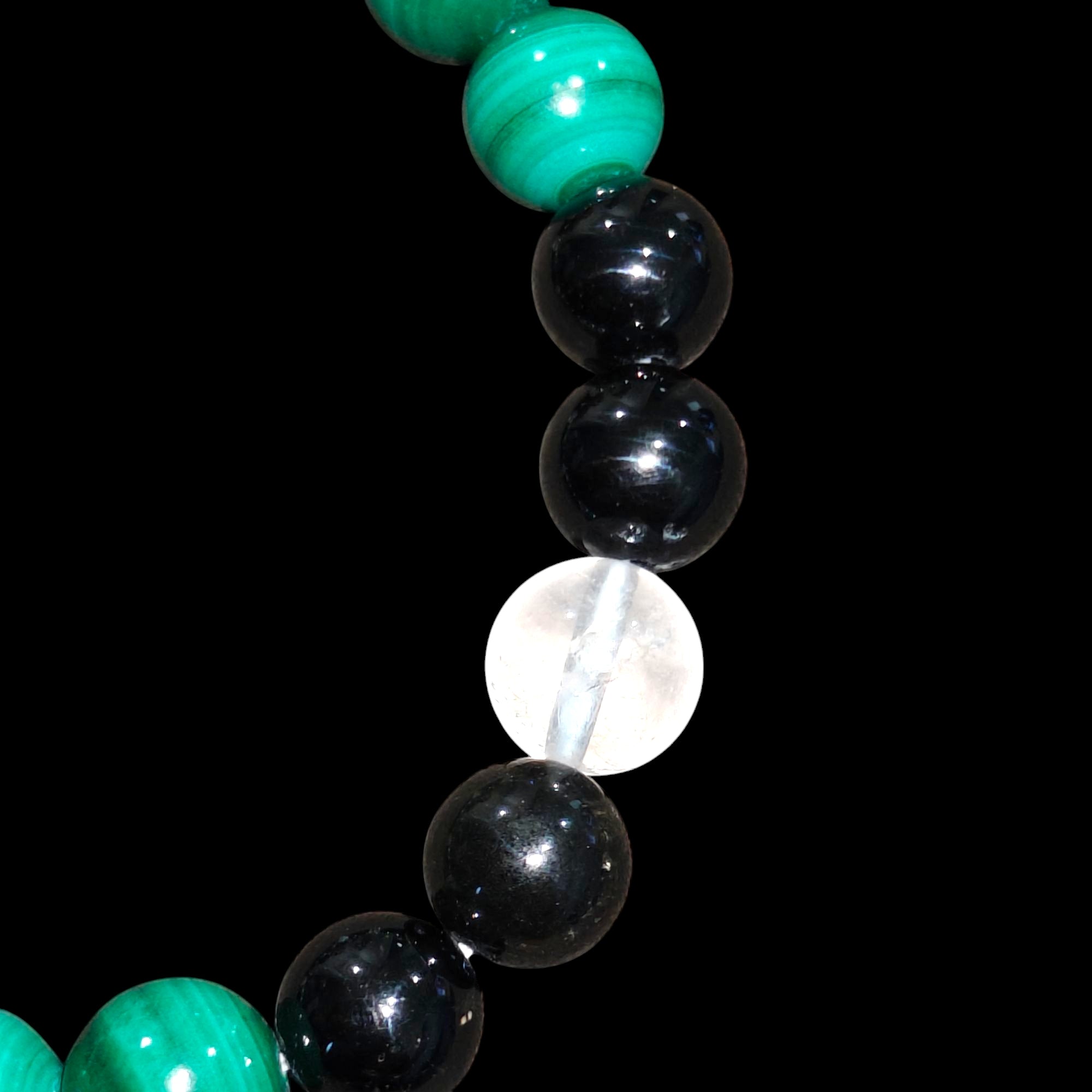 Malachite Bracelet with Black tourmaline and Quartz crystals stretches unisex design 