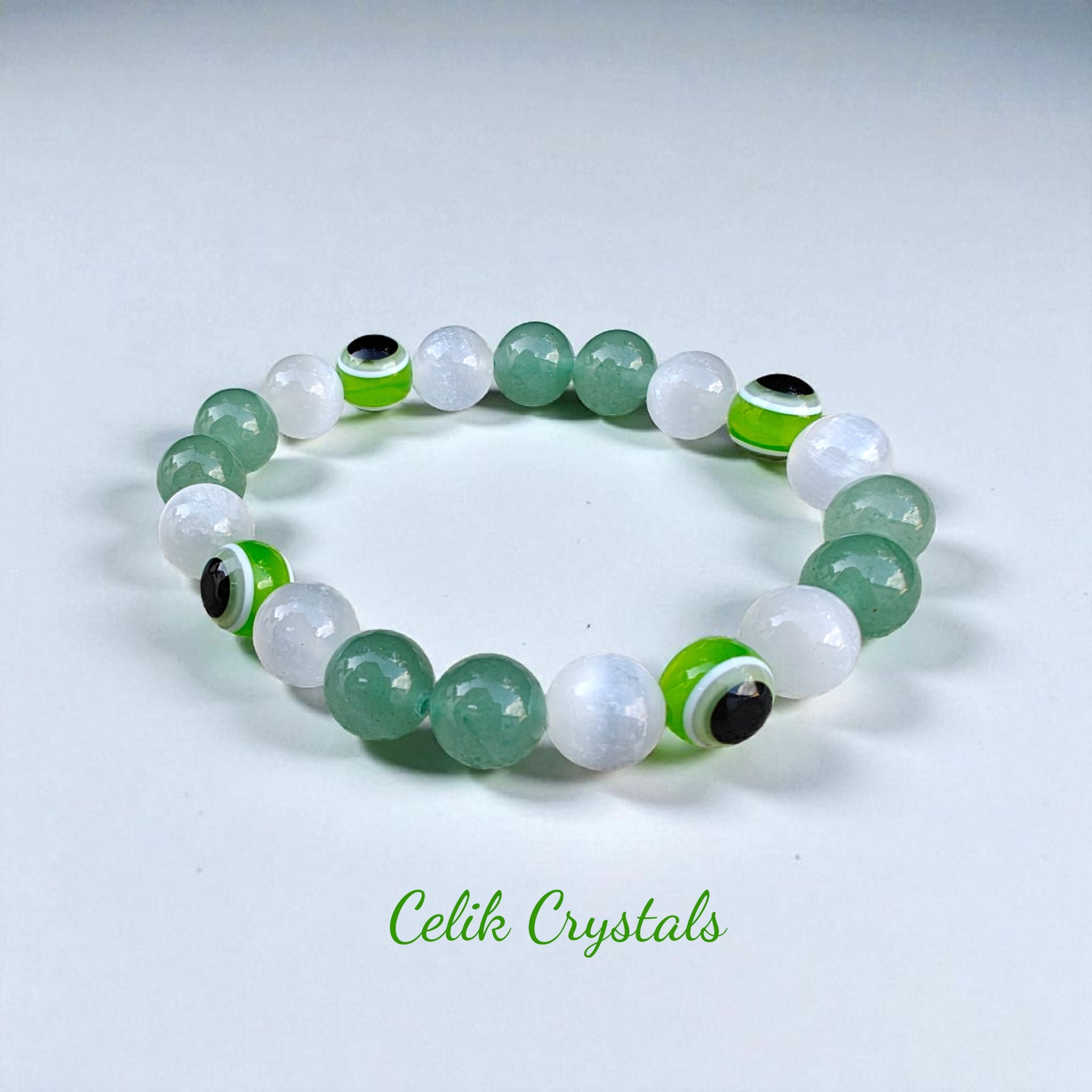 Evil Eye Bracelet with 10mm Green Aventurine, Selenite
