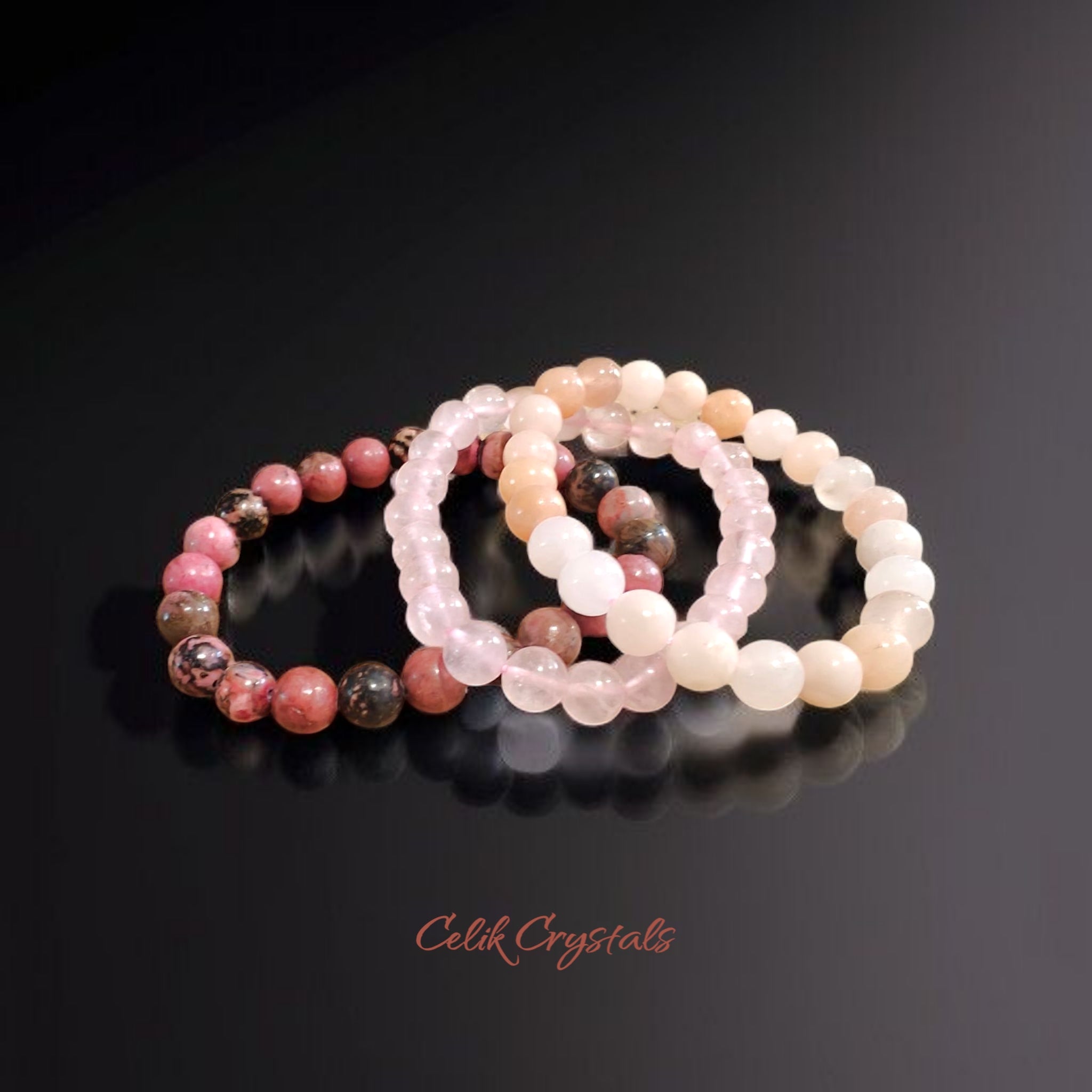 3 Piece Protection Bracelet Set for Love includes Rose Quartz, Rhodonite and Peach Aventurine 