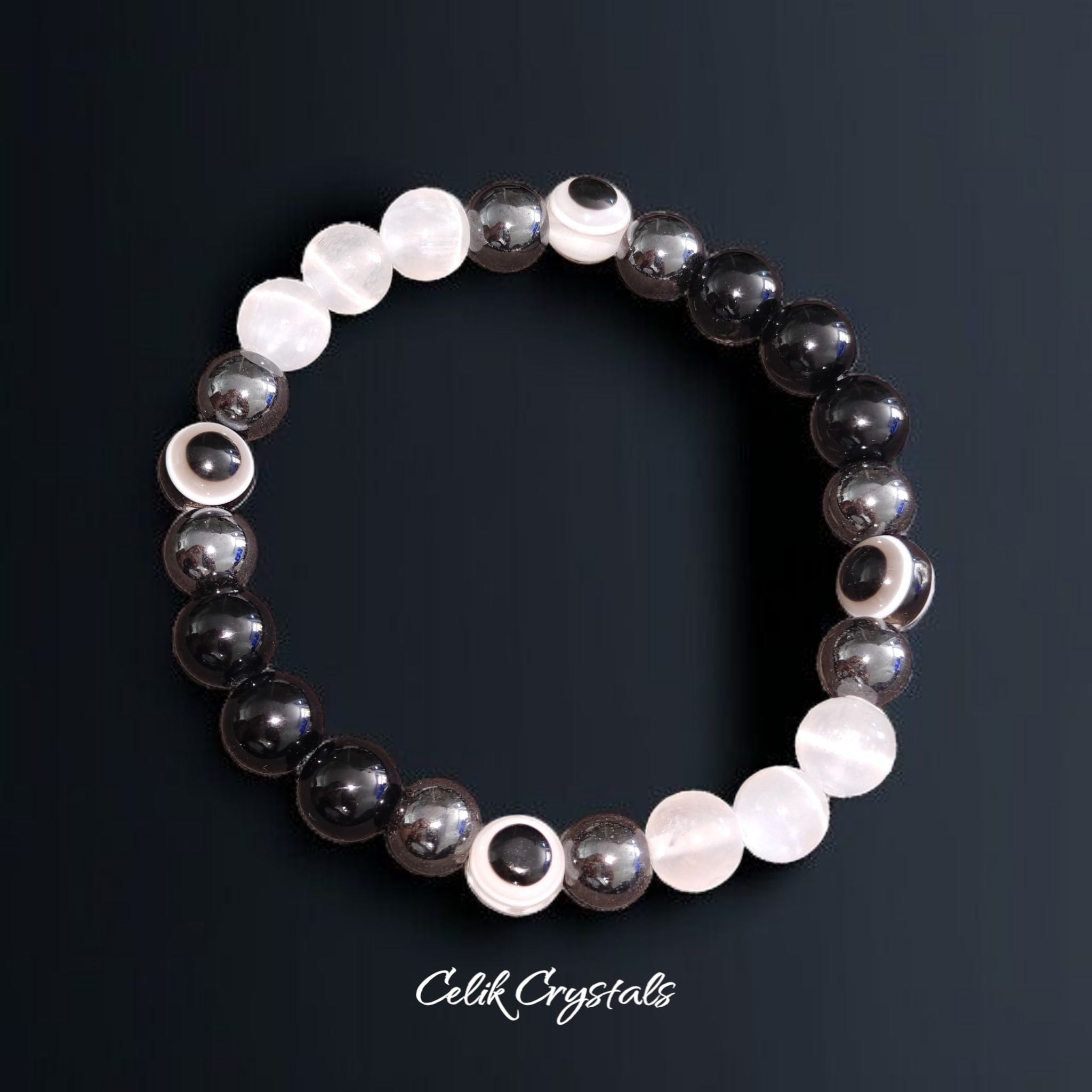 Evil Eye Bracelet with Hematite Black Tourmaline Selenite Natural Stones 8mm or 10mm beads Handmade 