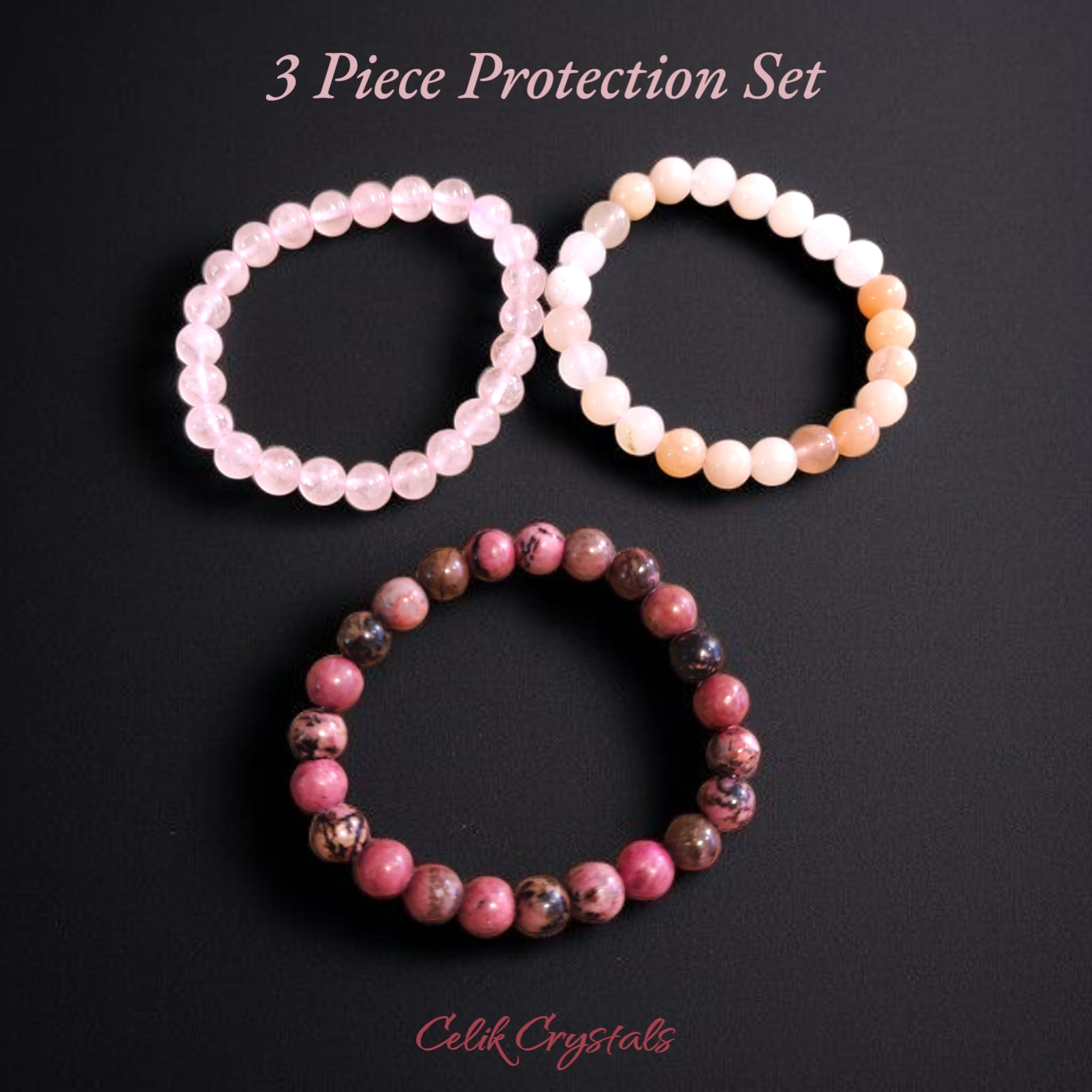 3 Piece Protection Bracelet Set for Love includes Rose Quartz, Rhodonite and Peach Aventurine 