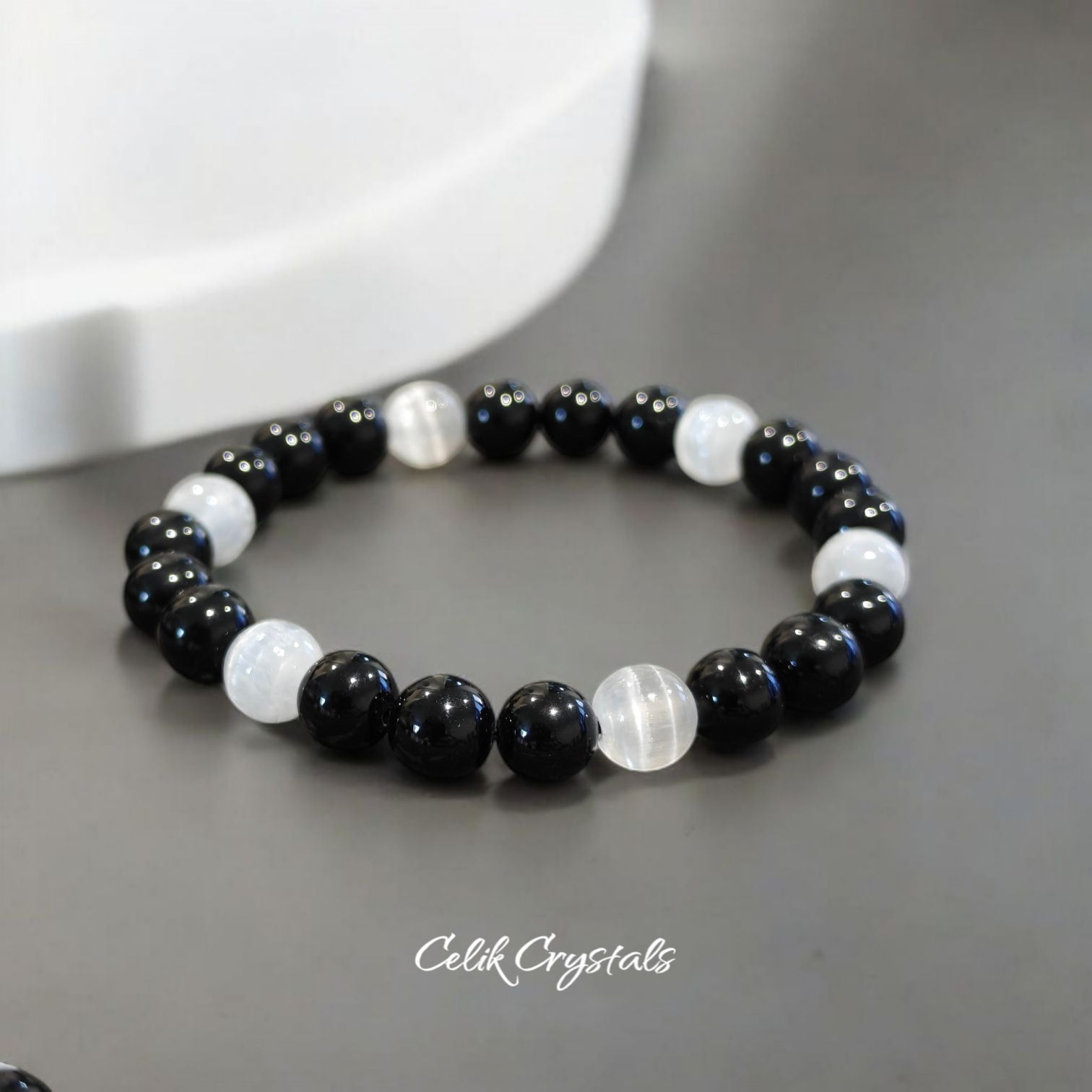 Selenite and Black Tourmaline Bracelet Set 2 Pieces Natural Stones Unisex design Stretches 8mm beads 