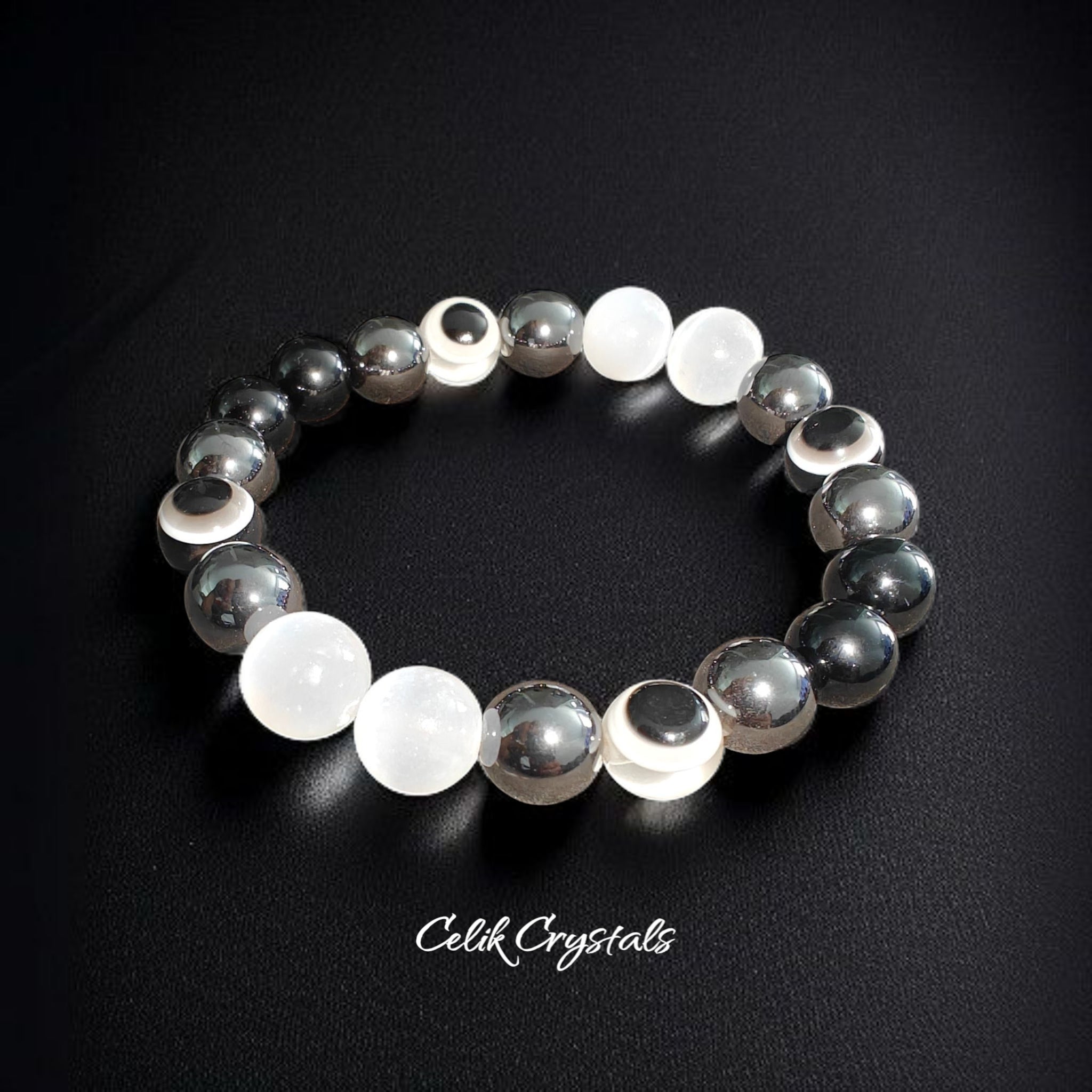 Evil Eye Bracelet with Hematite Black Tourmaline Selenite Natural Stones 8mm or 10mm beads Handmade 
