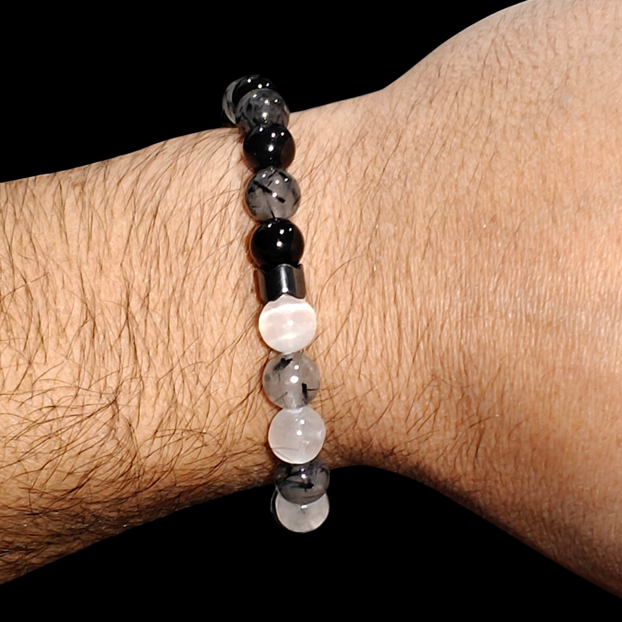 Black Tourmaline Quartz and Selenite Stretch Crystal Bead Bracelet 8mm Unisex 