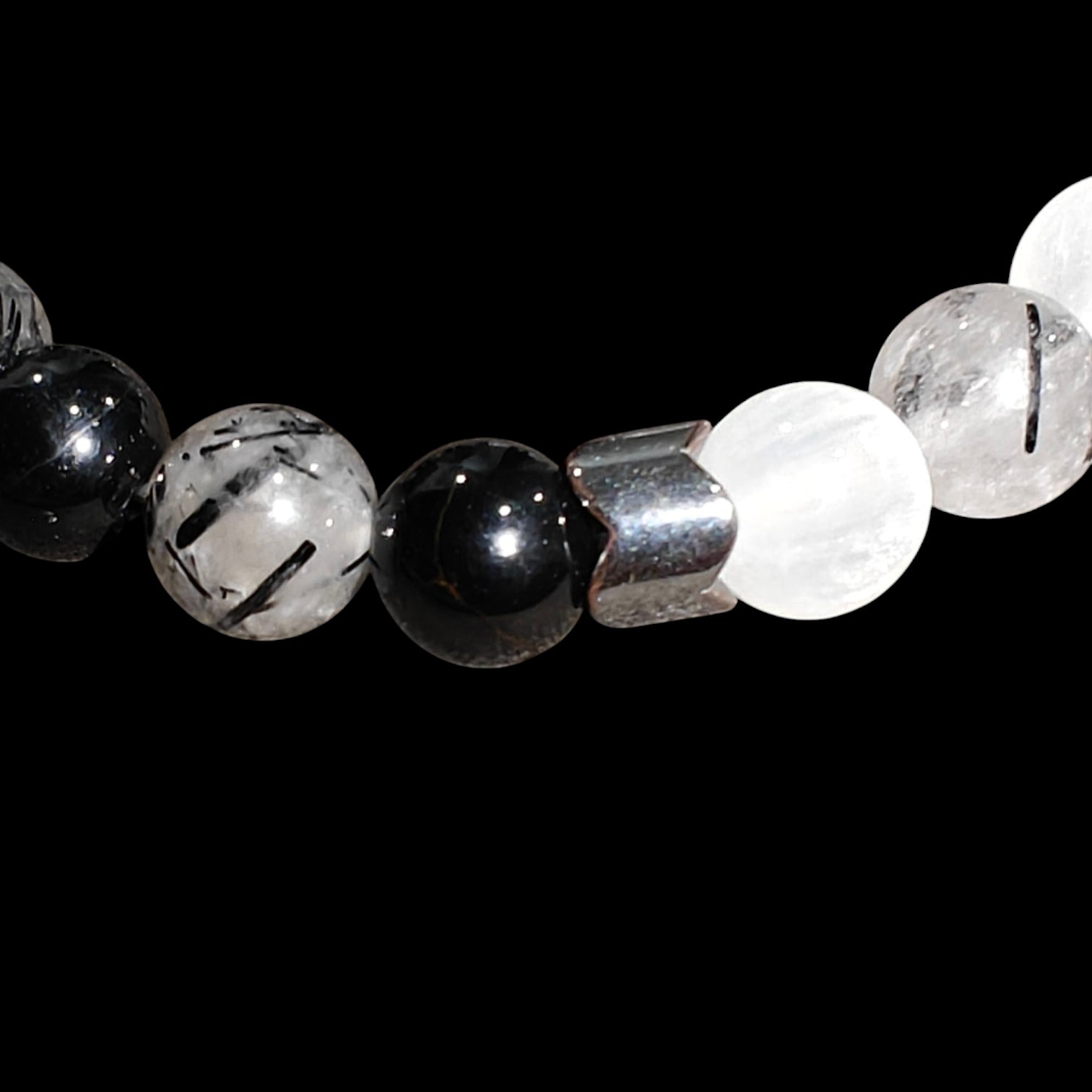 Black Tourmaline Quartz and Selenite Stretch Crystal Bead Bracelet 8mm Unisex 