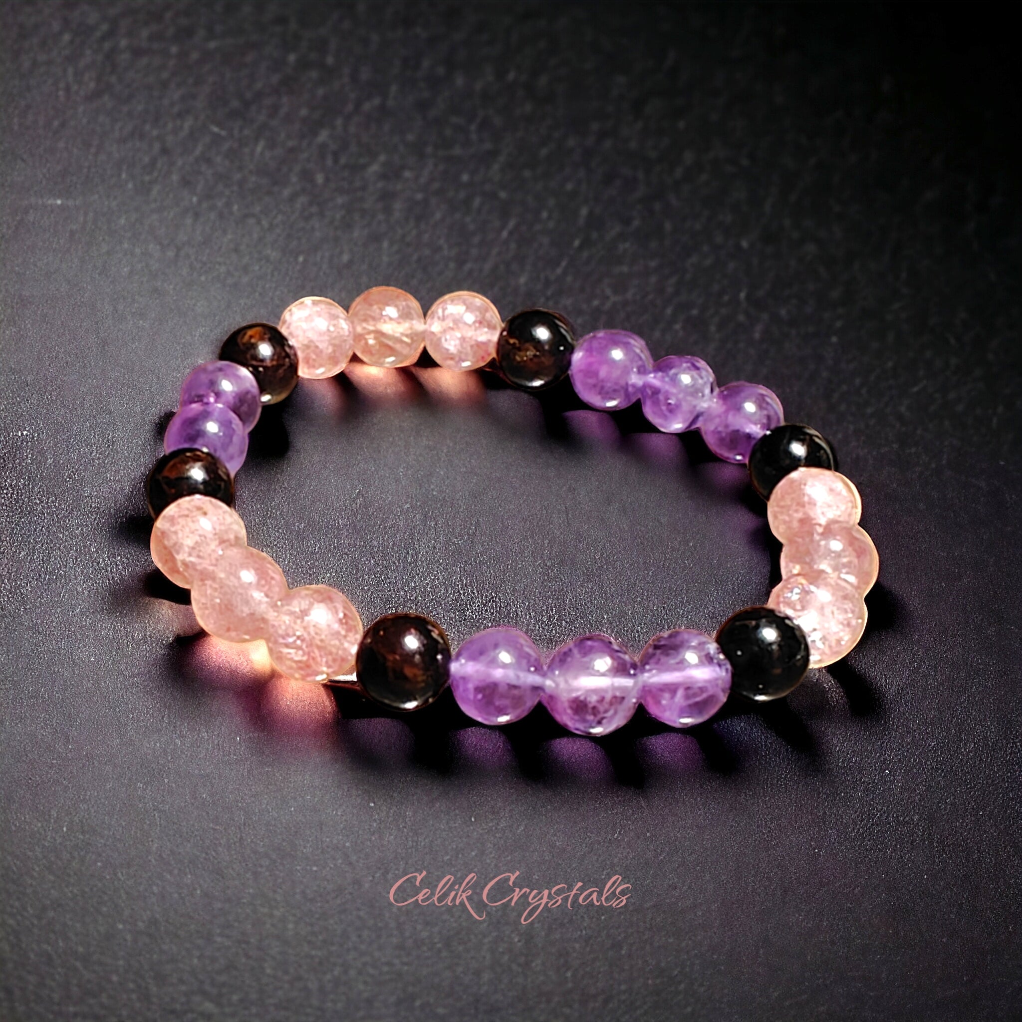 Strawberry Quartz, Amethyst and Garnet Crystal Beads Bracelet 8mm