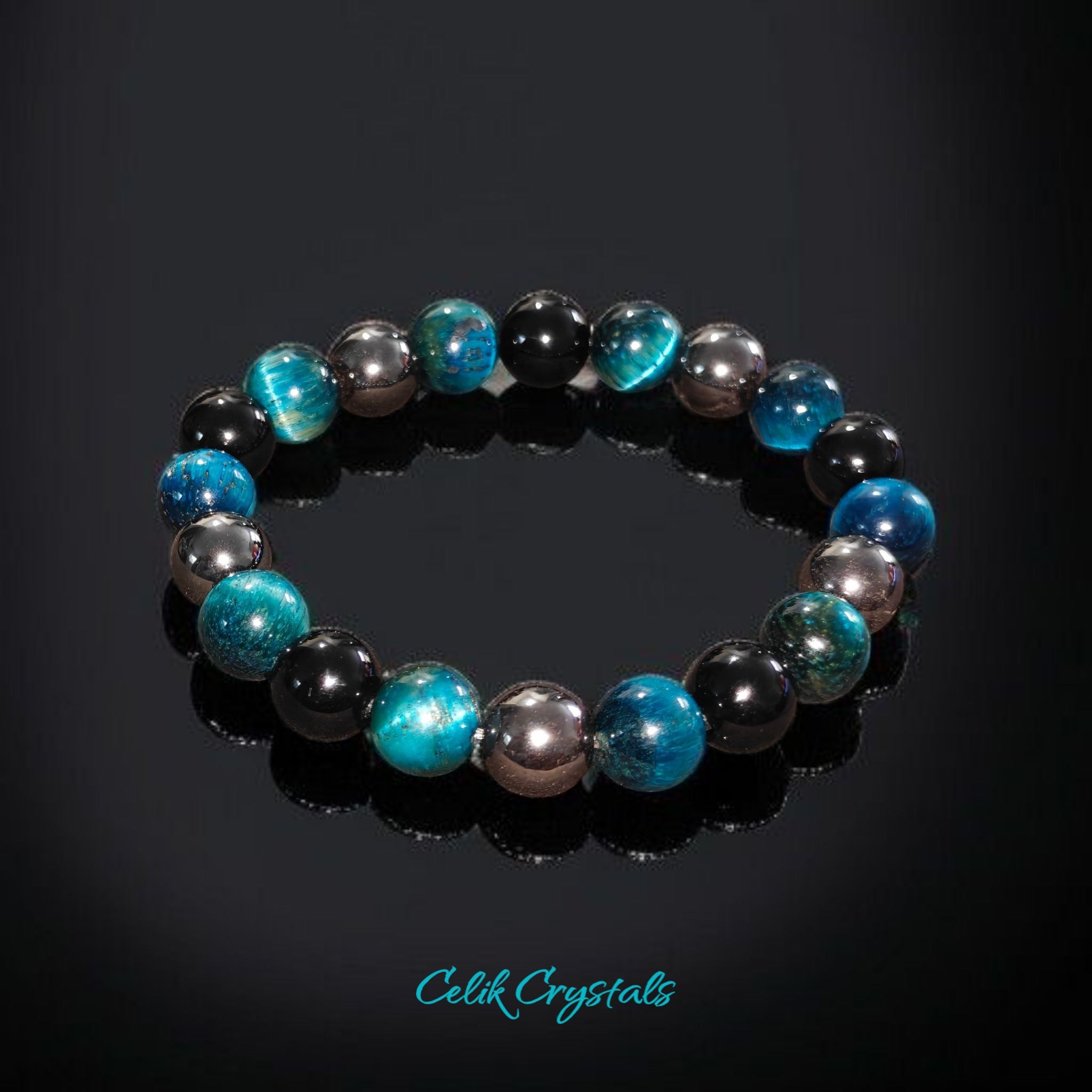 Triple Protection Bracelet 10mm Beads with Lake Blue Tiger Eye, Hematite and Obsidian Stretches 