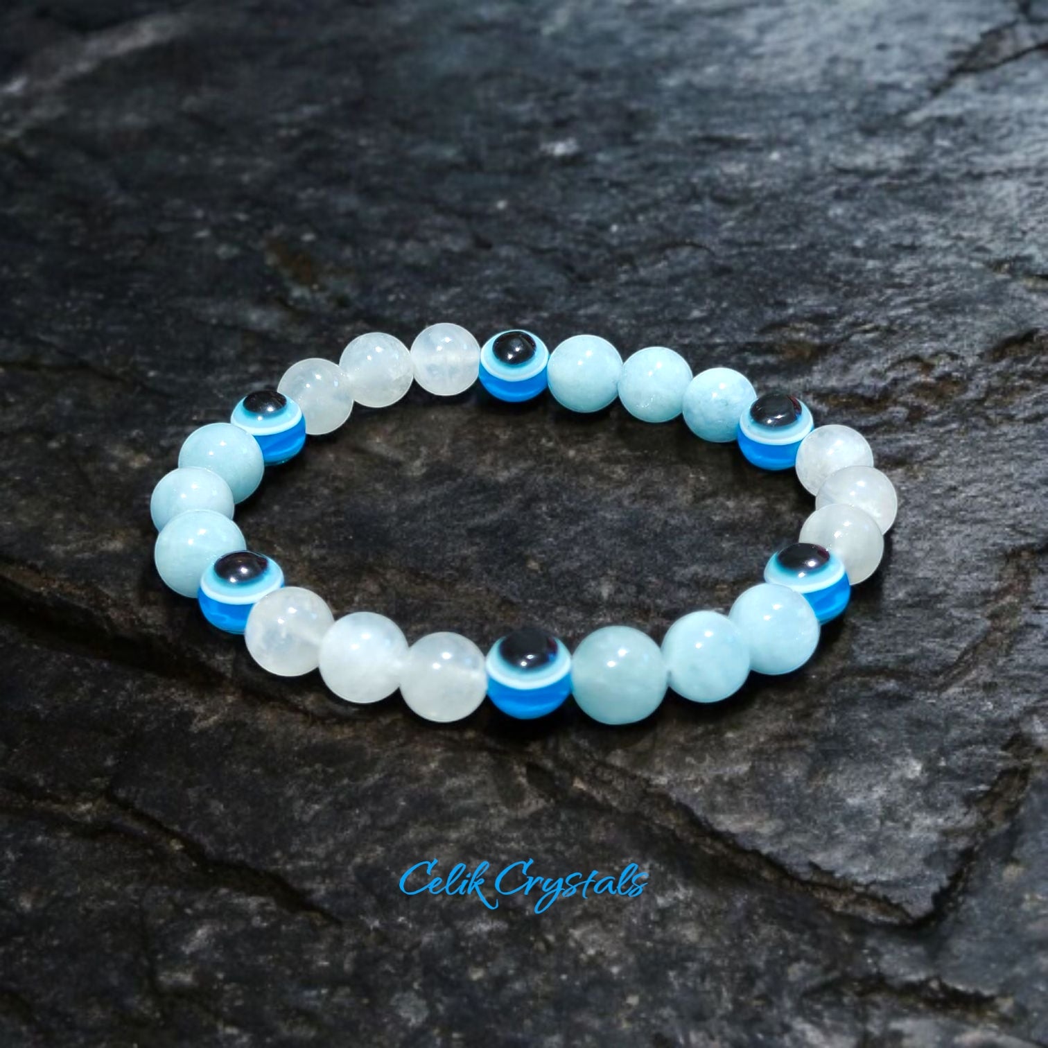 Evil Eye Bracelet with Aquamarine and Moonstone 8mm Natural Stones Stretches Unisex 