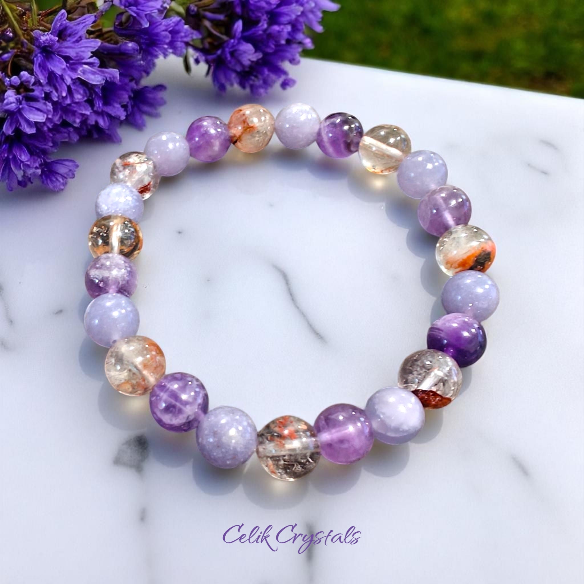 Lepidolite and Chevron Amethyst Bracelet Natural Stones 8mm Stretches Unisex Healing Bracelet 