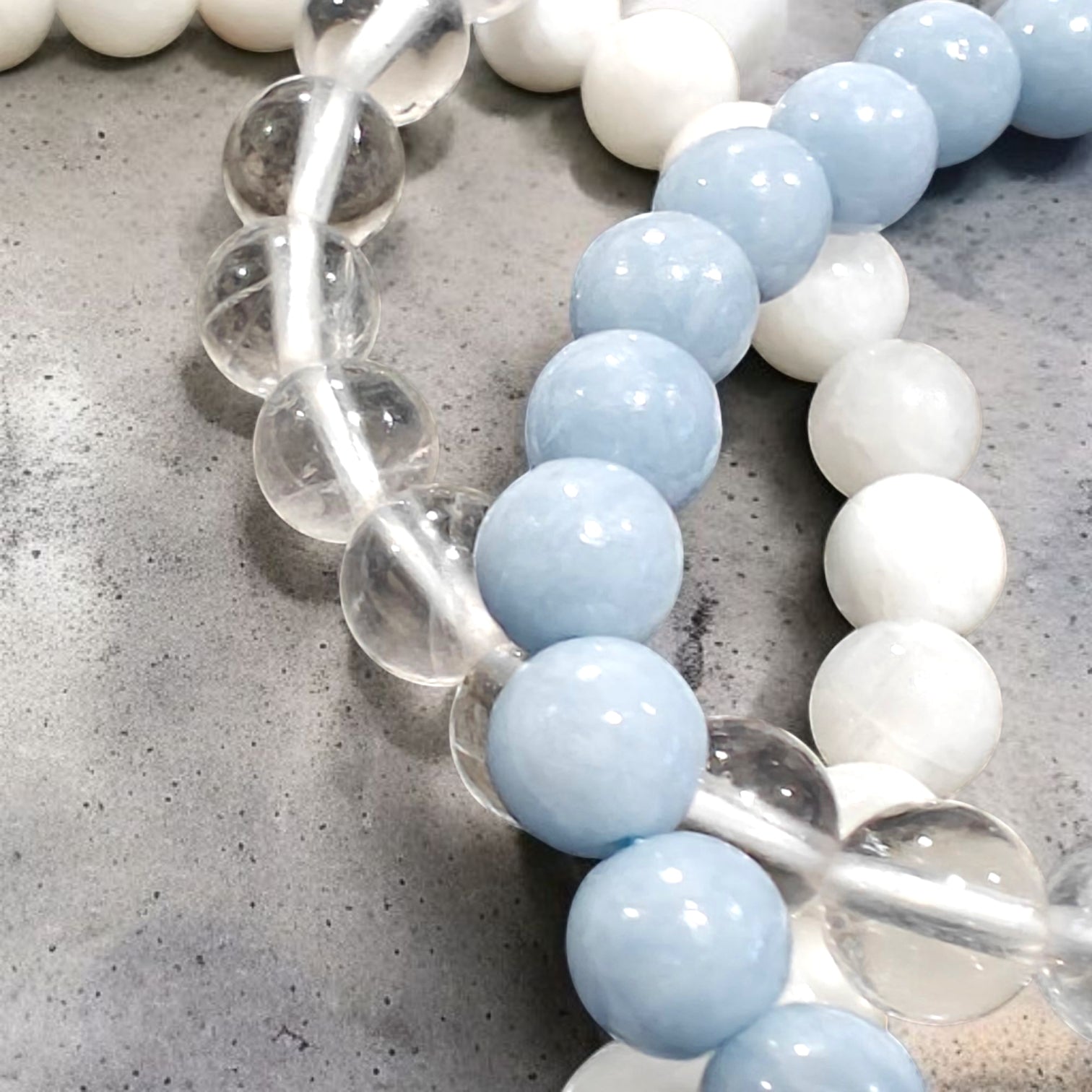 Angelite Moonstone and Clear Quartz Natural Stone Bracelet Stack for Women 6mm 