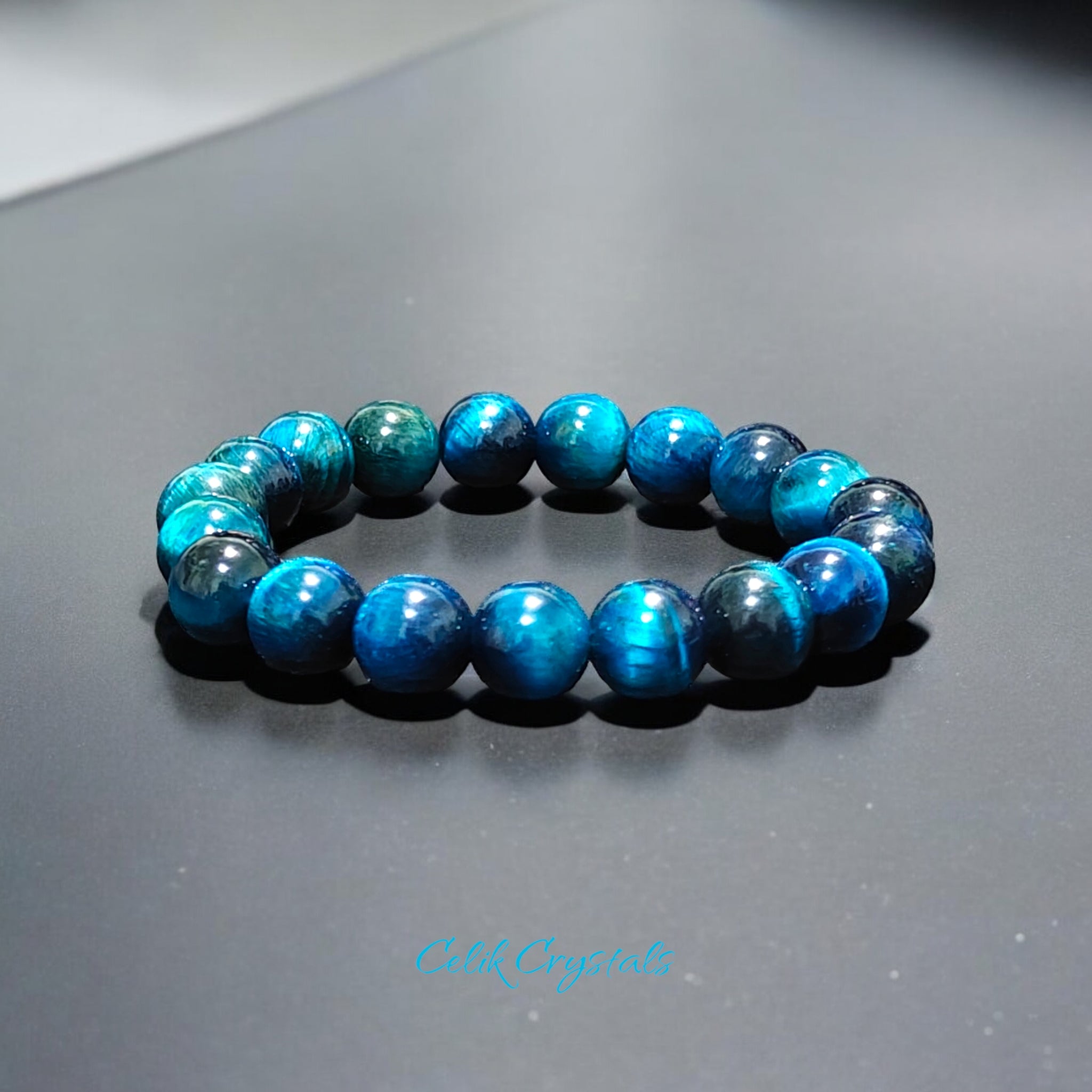 Lake Blue Tiger Eye Bracelet Stretches 10mm Beads 