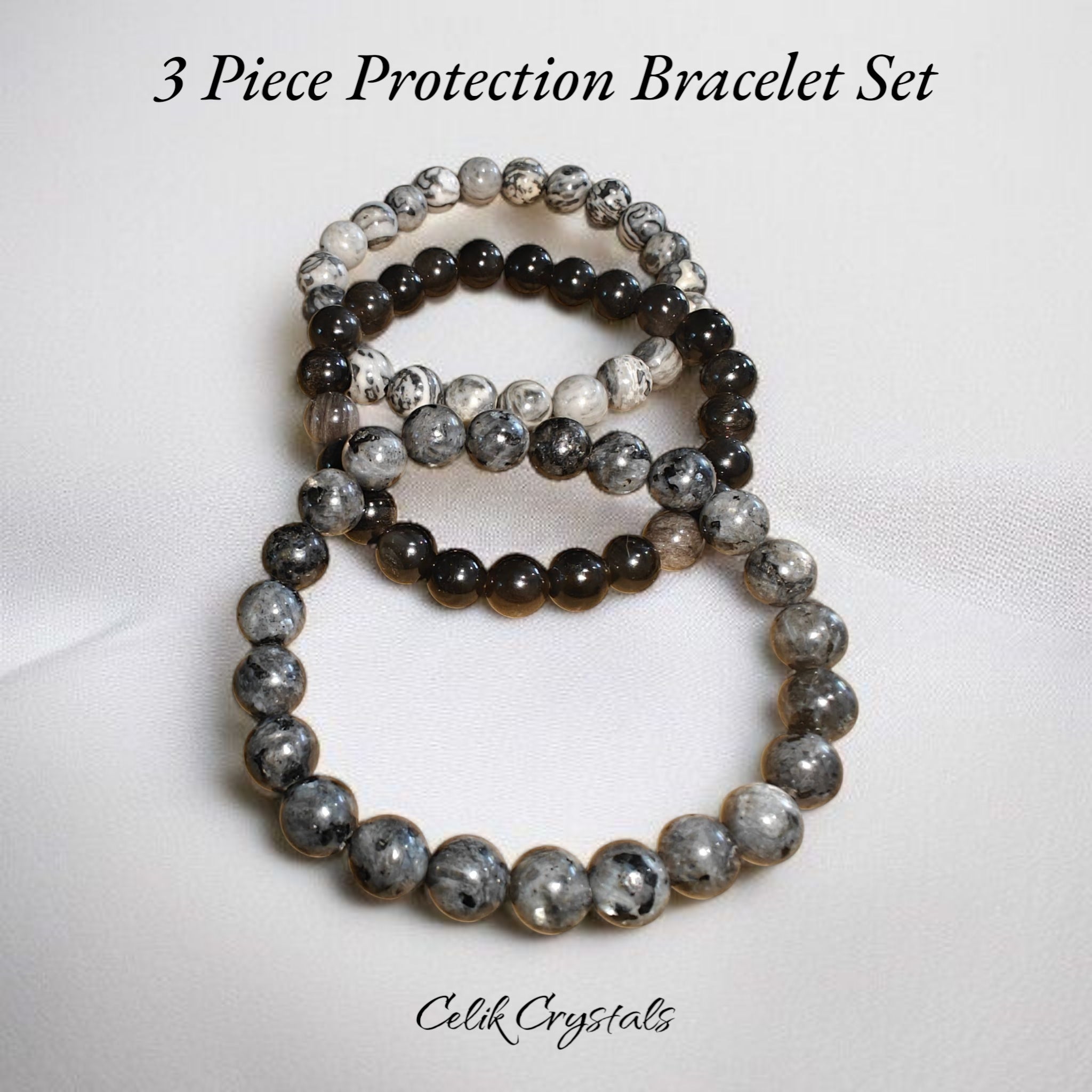 3 Piece Protection Bracelet Set With Map Jasper Silver Obsidian Larvikite 8mm Stretches Unisex Healing Bracelet Set