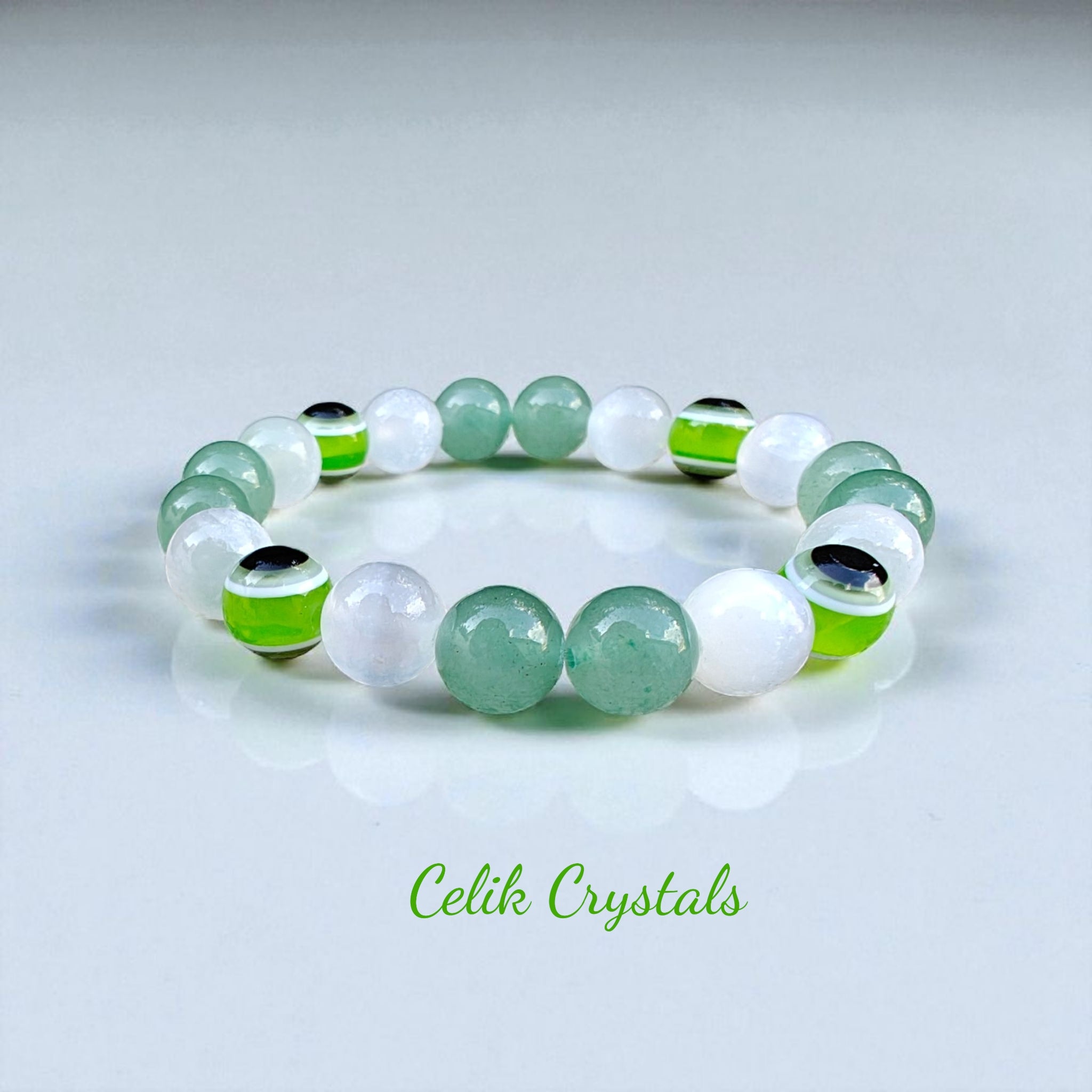 Evil Eye Bracelet with 10mm Green Aventurine, Selenite