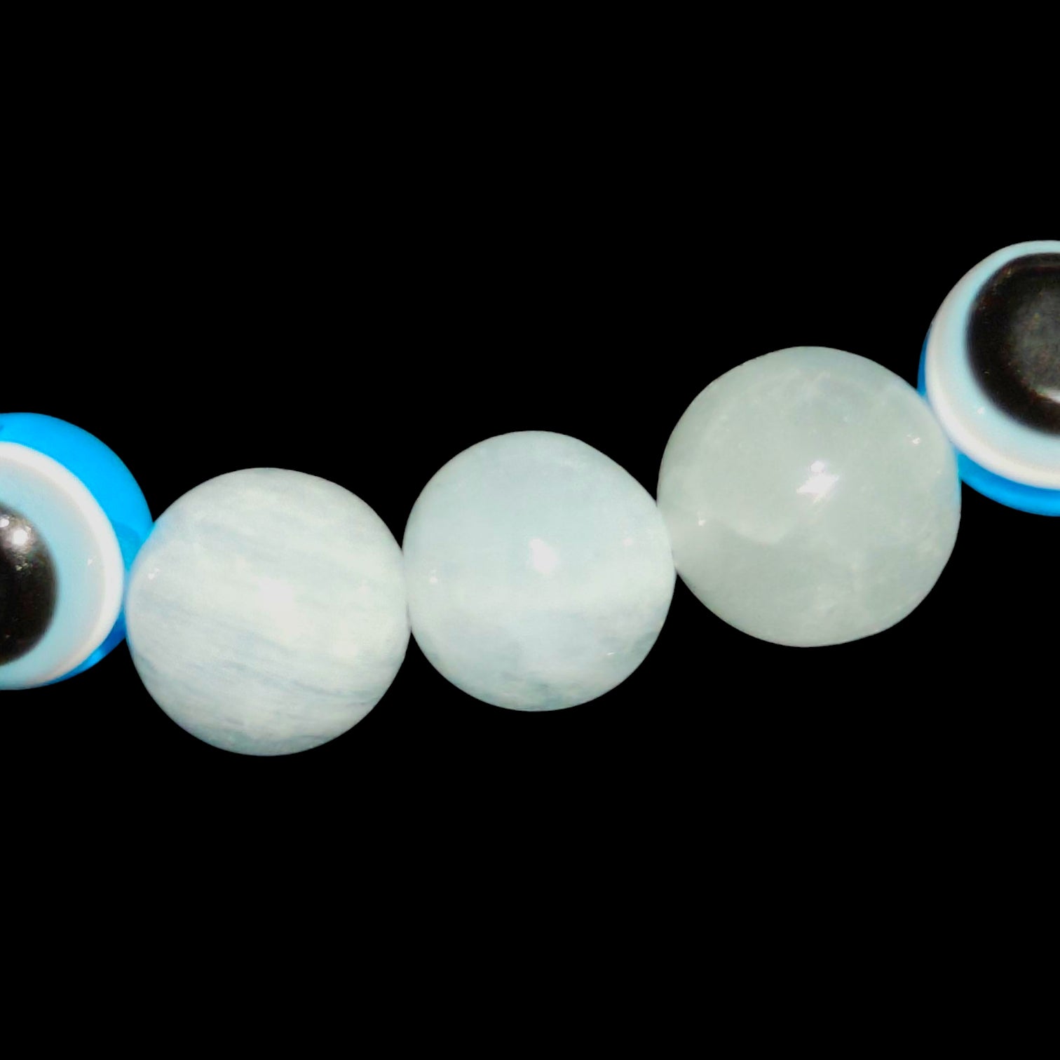 Evil Eye Bracelet with Aquamarine and Moonstone 8mm Natural Stones Stretches Unisex 