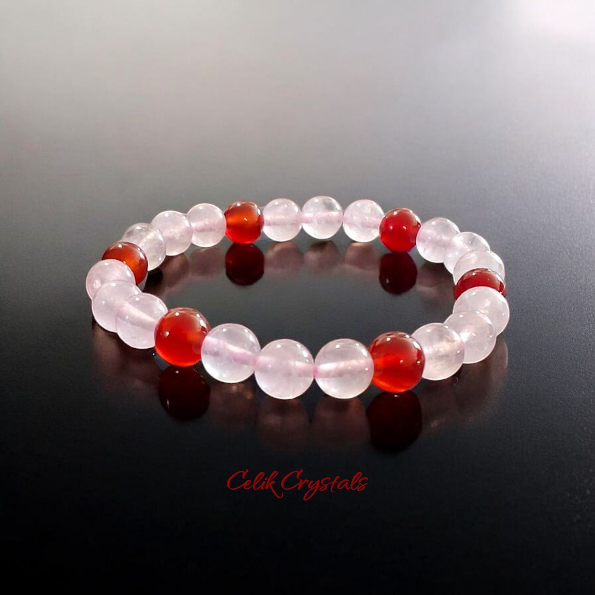 Rose Quartz and Carnelian Bracelet 2 Piece Set Natural Stones 8mm Stretches Women's Bracelet 