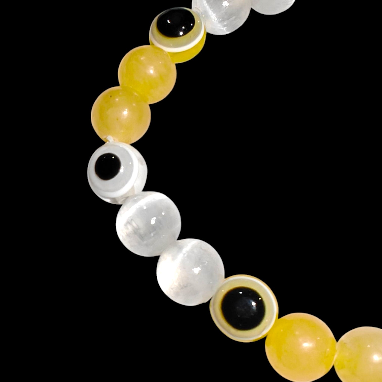 Yellow and White Evil Eye Bracelet with Honey Calcite and Selenite 8mm beads natural stones 