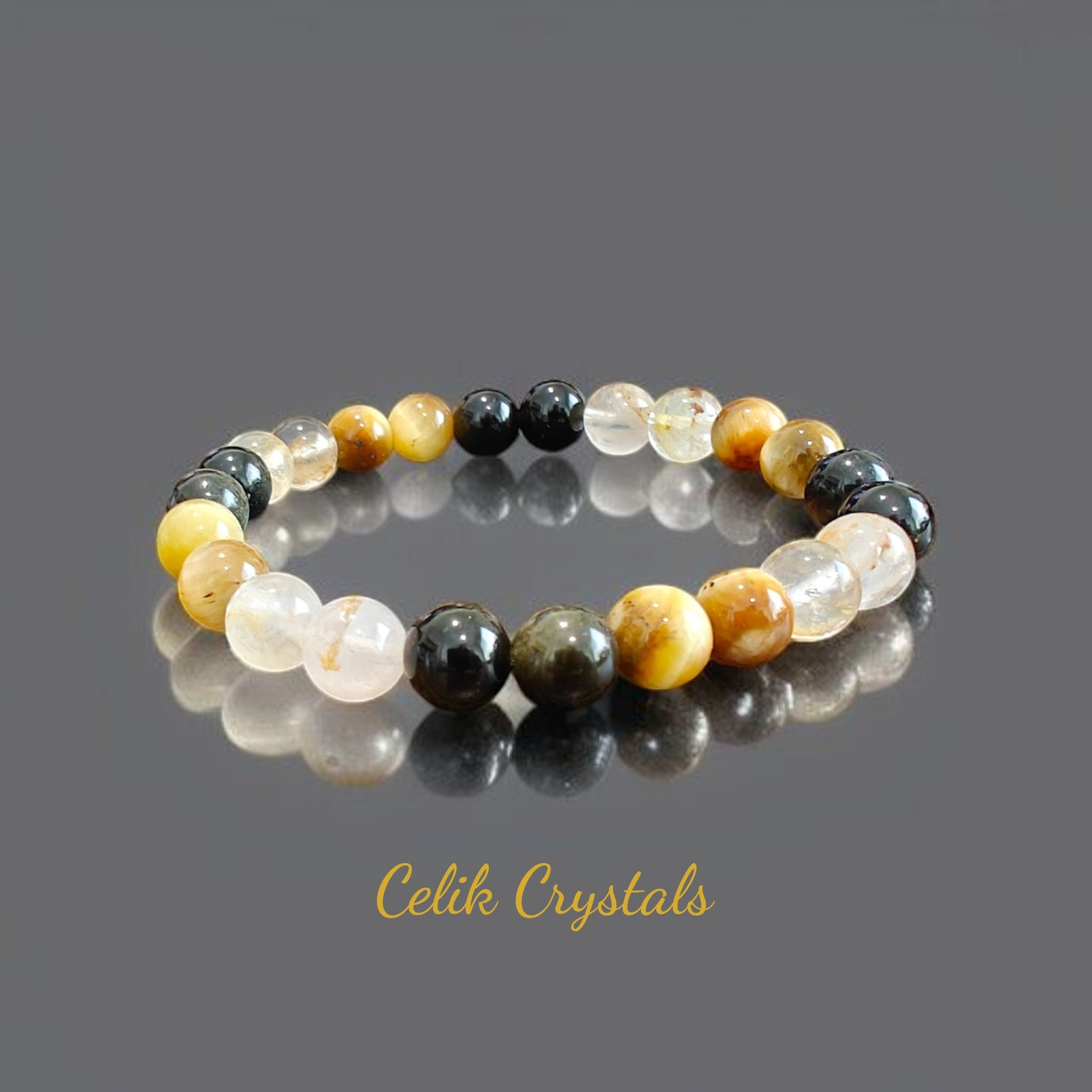 Golden Color Bracelet 8mm With Gold Obsidian, Gold Tiger Eye and Golden Healer Quartz Natural Stones 