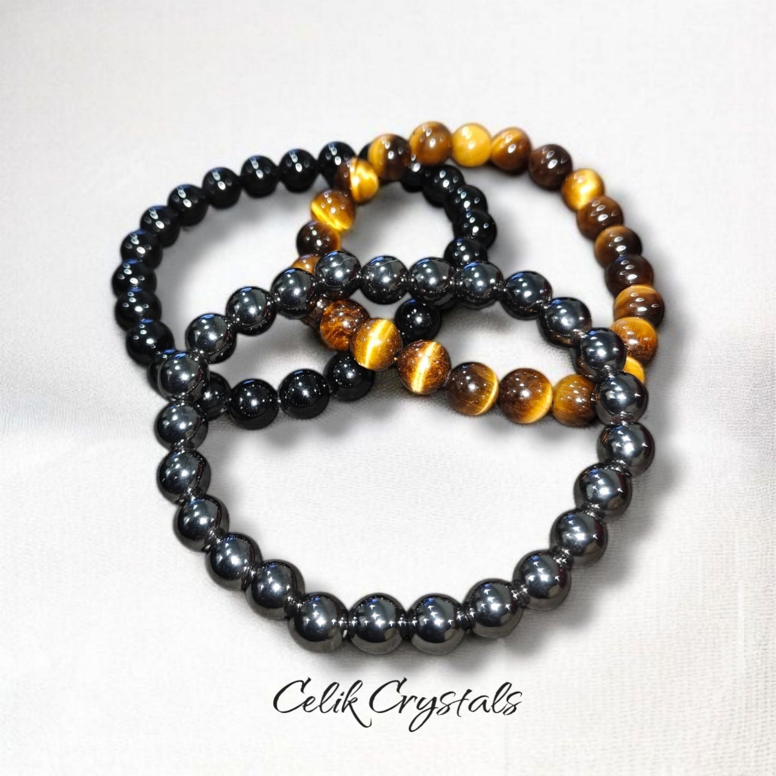 3 Piece Protection Bracelet Set With AAA Tiger Eye, Hematite and Black Tourmaline 