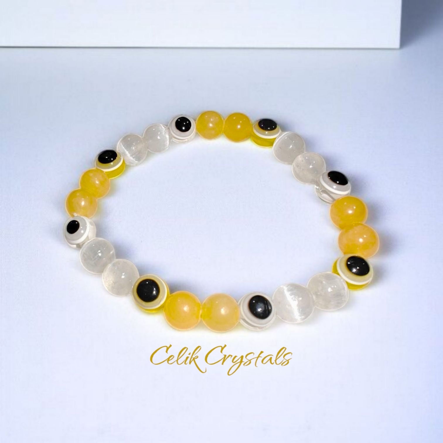 Yellow and White Evil Eye Bracelet with Honey Calcite and Selenite 8mm beads natural stones 