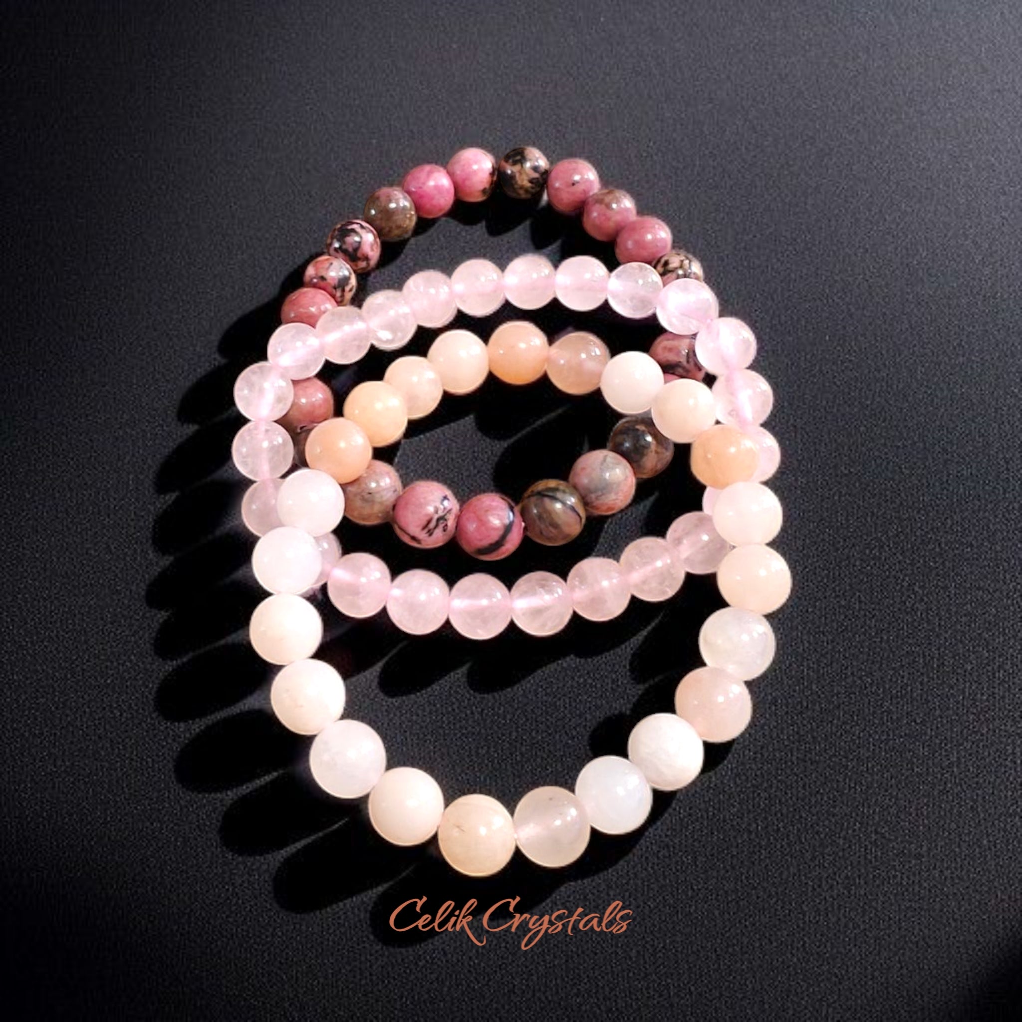 3 Piece Protection Bracelet Set for Love includes Rose Quartz, Rhodonite and Peach Aventurine 