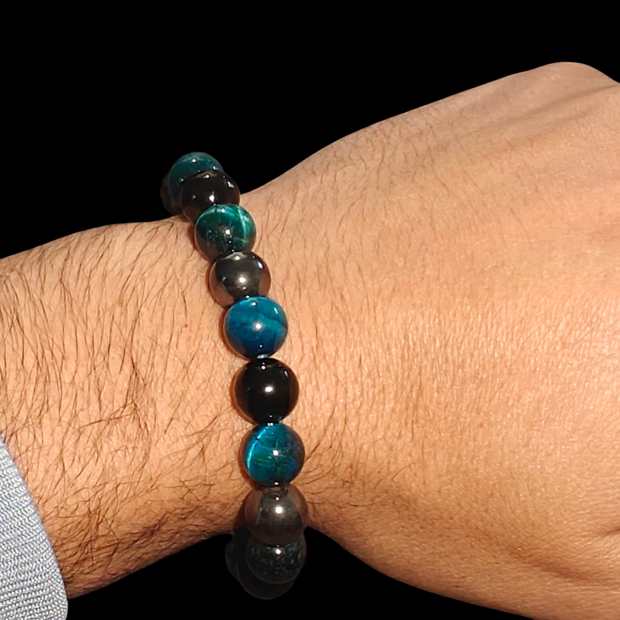 Triple Protection Bracelet 10mm Beads with Lake Blue Tiger Eye, Hematite and Obsidian Stretches 
