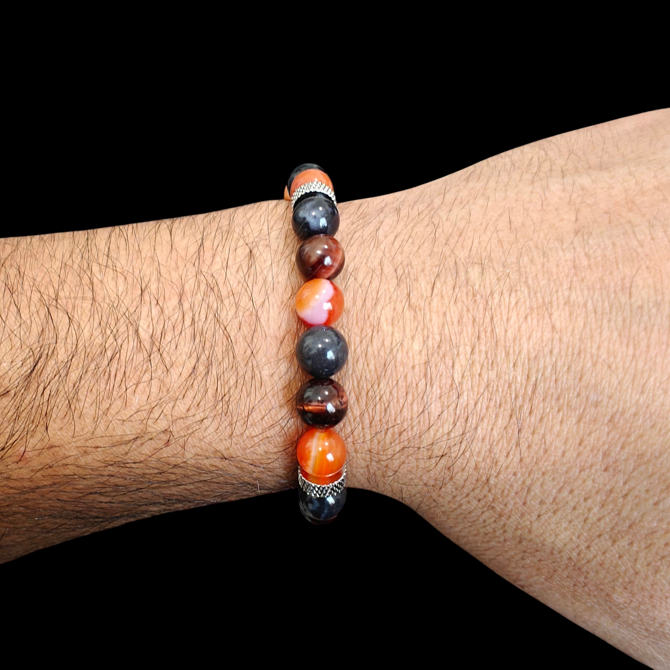 Bloodstone Jasper Bracelet with Carnelian, Red Tiger Eye and Stainless Steel Spacers 