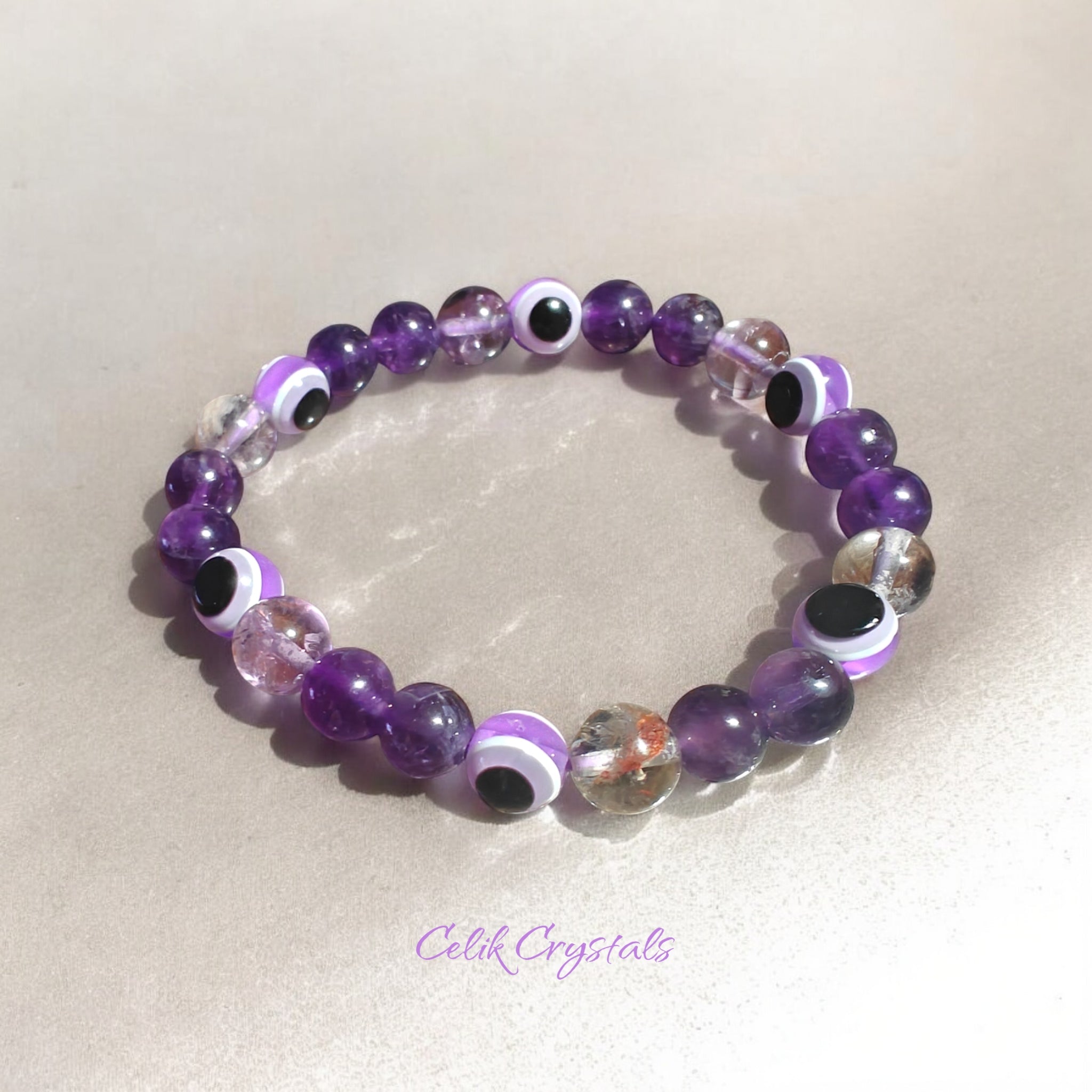 Evil Eye and Amethyst Bracelet Stretches 