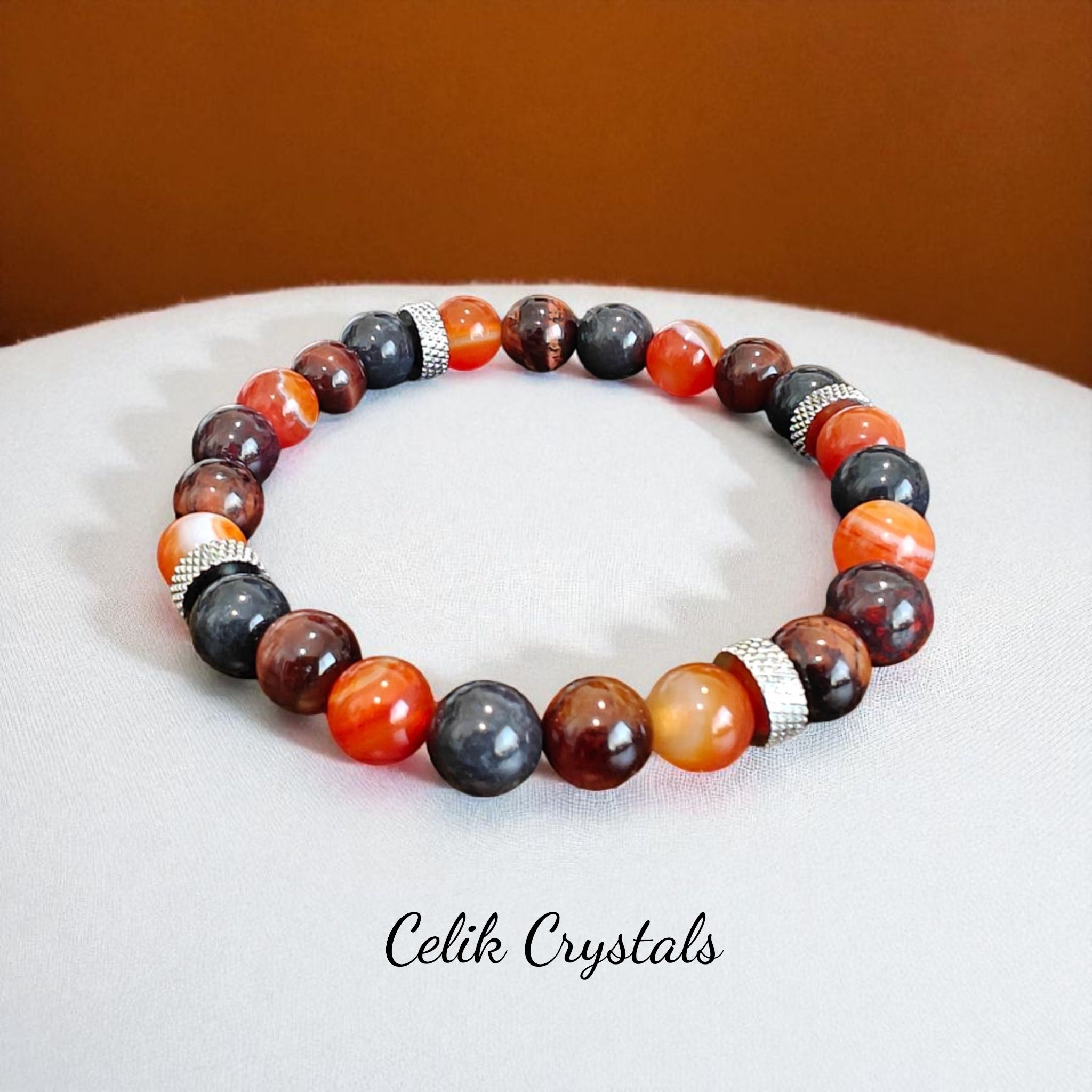 Bloodstone Jasper Bracelet with Carnelian, Red Tiger Eye and Stainless Steel Spacers 