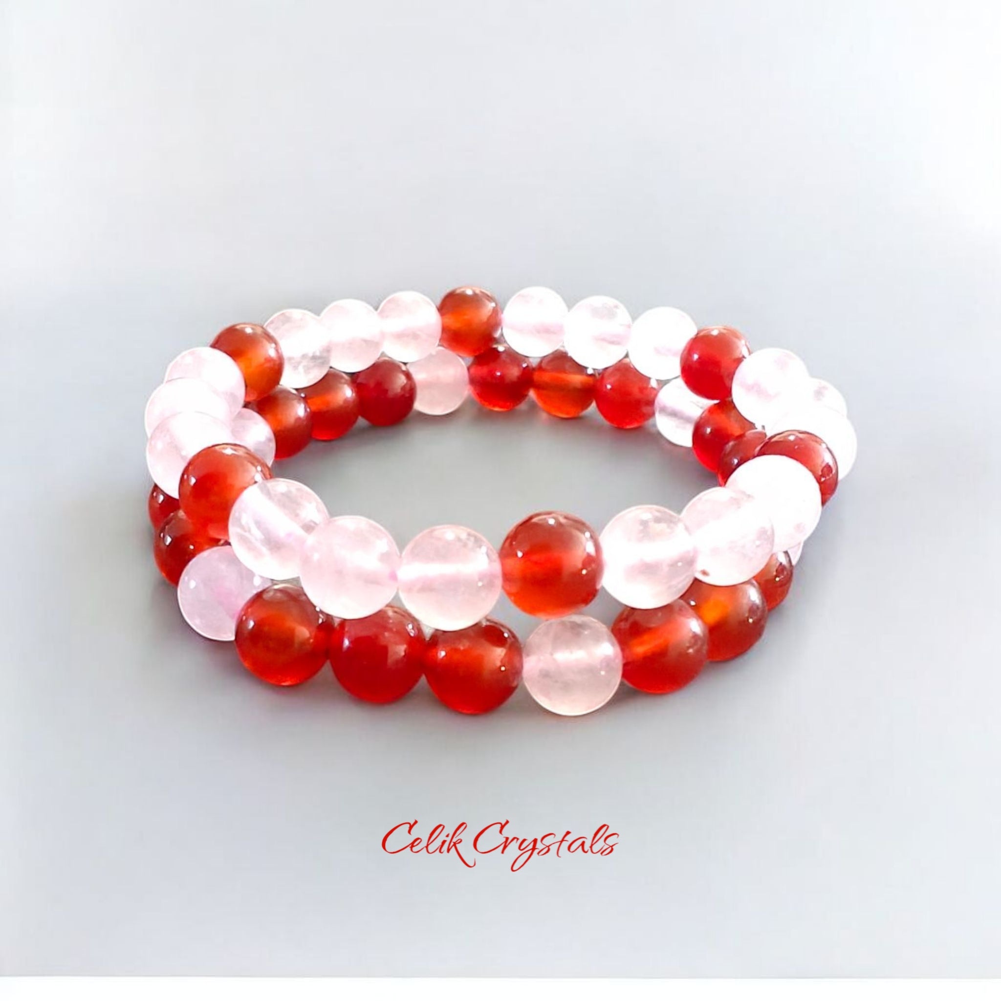 Rose Quartz and Carnelian Bracelet 2 Piece Set Natural Stones 8mm Stretches Women's Bracelet 