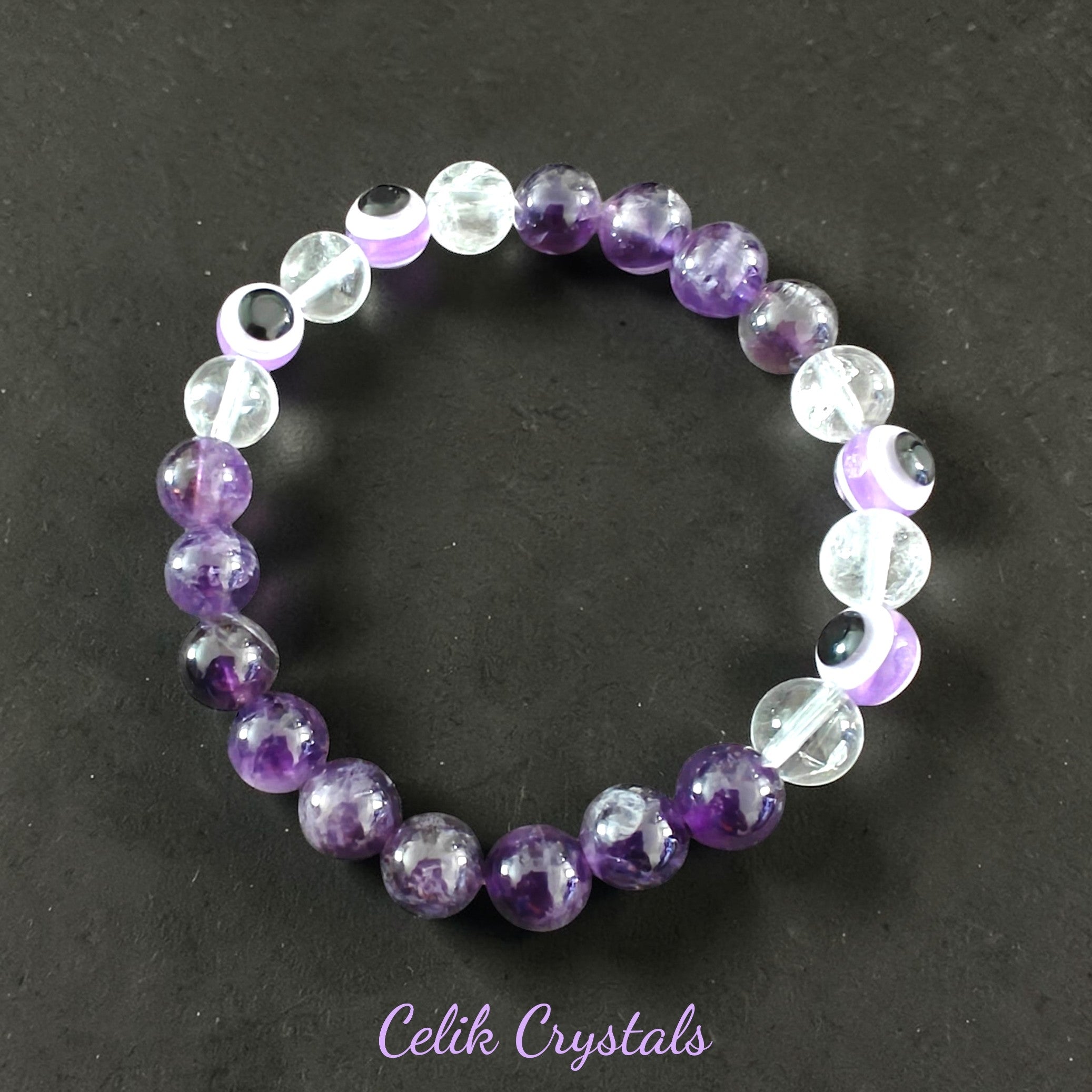 Amethyst Clear Quartz Evil Eye Bracelet 8mm