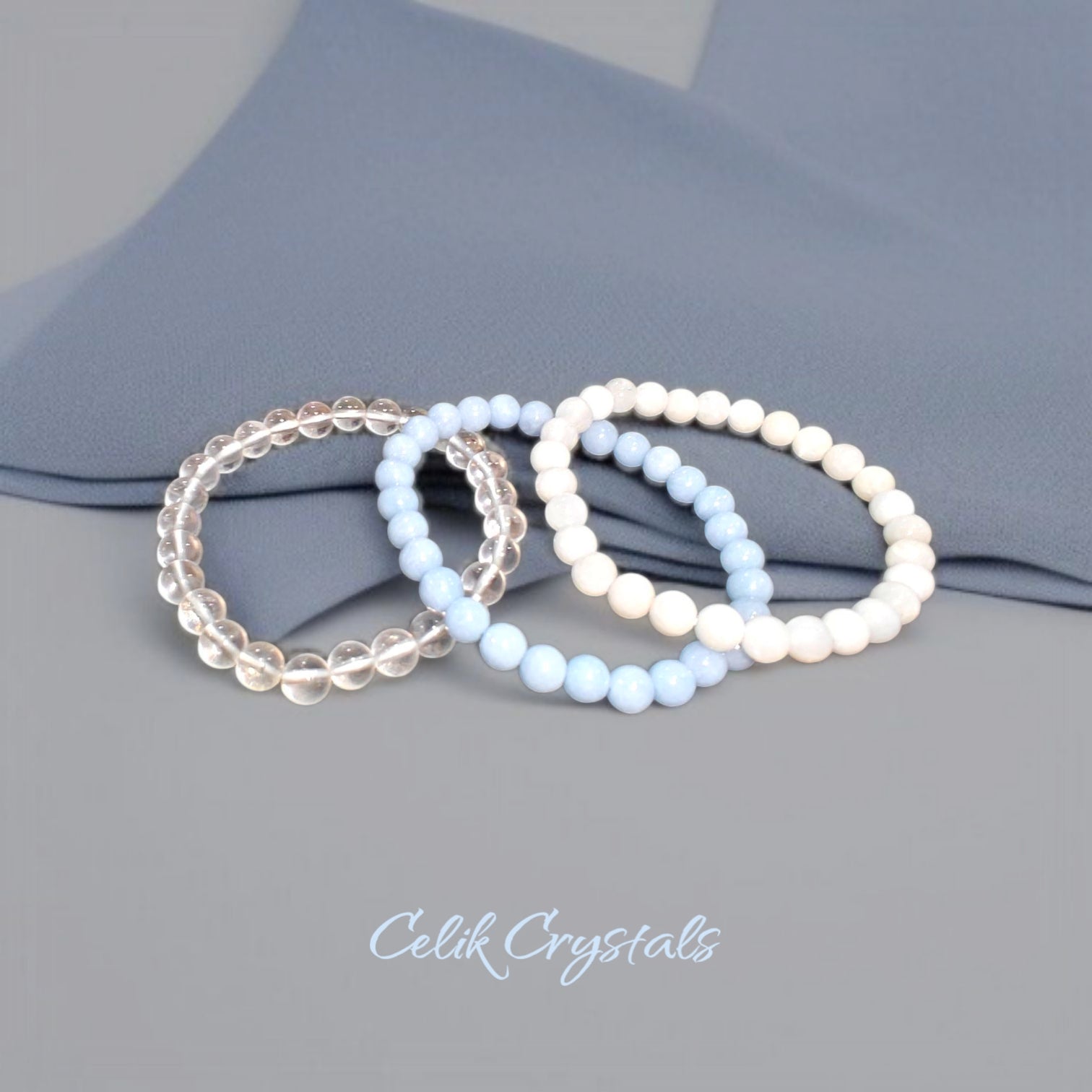 Angelite Moonstone and Clear Quartz Natural Stone Bracelet Stack for Women 6mm 