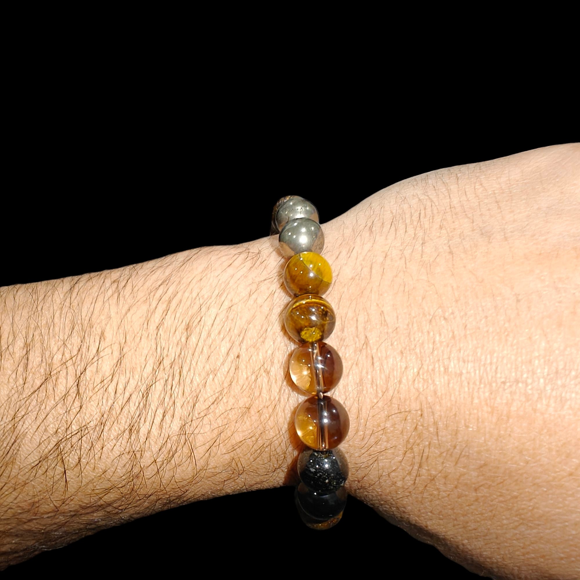 Protection Bracelet with Pyrite, Tiger Eye, Bronzite, Gold Obsidian and Smoky Quartz 10mm Natural Stones Stretch 